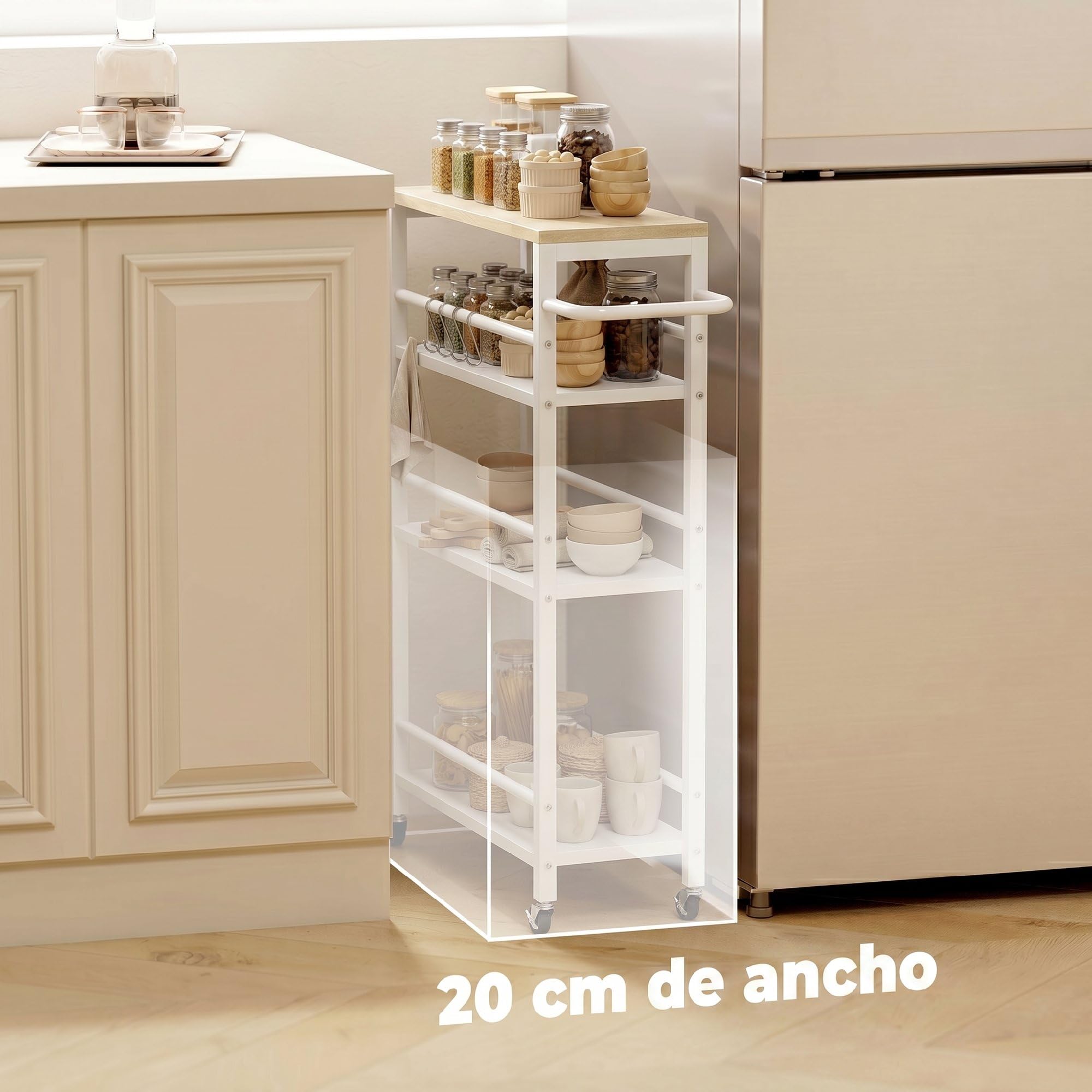 HOMCOM Carrito Auxiliar Ruedas de 4 Niveles con 6 Ganchos 50x20x81cm Roble | Carrito de Cocina con Toallero, Estrecho para Espacios Pequeños, Verduras, Frutas, para Comedor