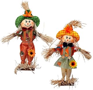 Décorations Épouvantail,2 Pièces Décoration Halloween Épouvantail,Piquets 35 cm avec Tissu et Chapeau pour Jardin Pelouse Porche Fête Festival Présentation Moisson - pour Affichage
