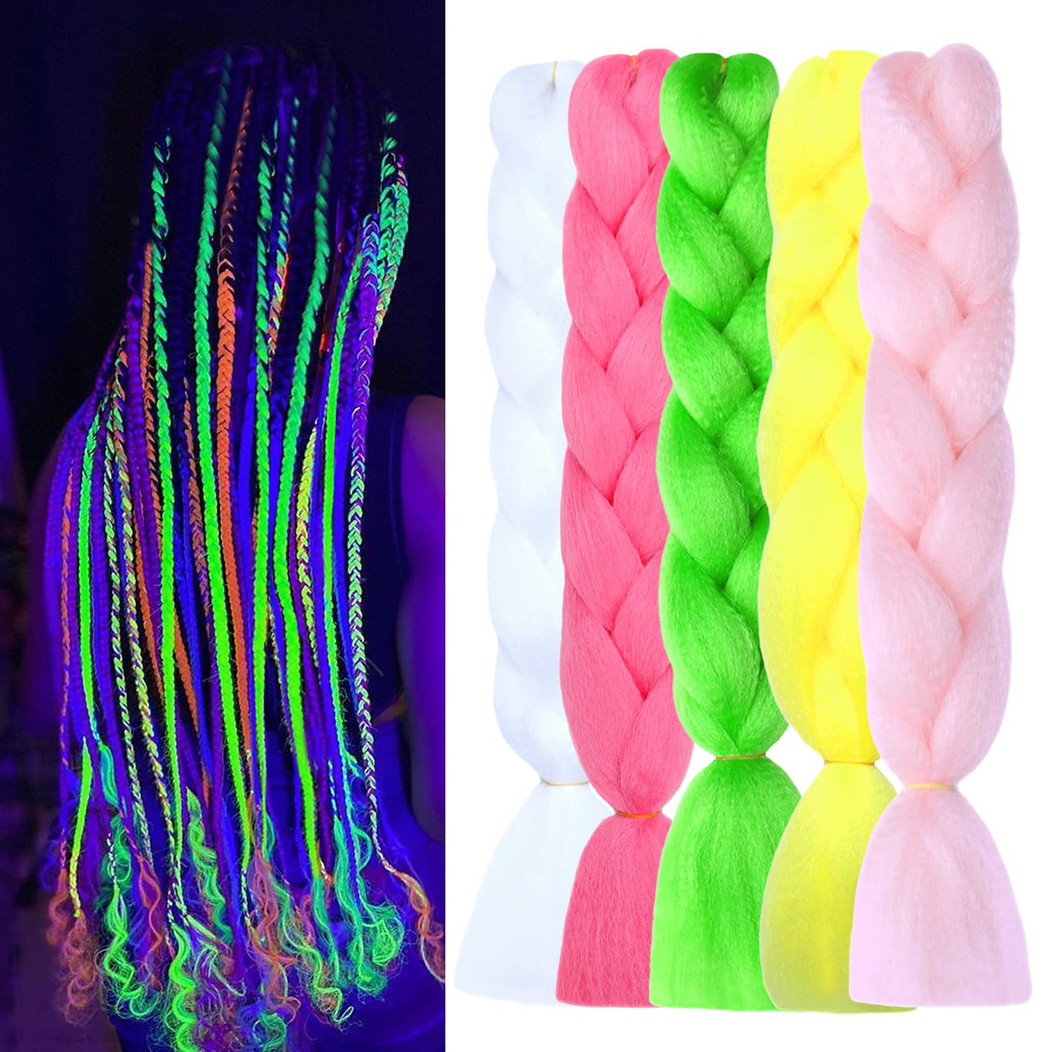 5pcs Glow in the Dark Hair 24inch White Braiding Hair Pre Stretched Colored Hair Extensions for Braiding Luminous Jumbo Braids for Kids Girls Women for Christmas