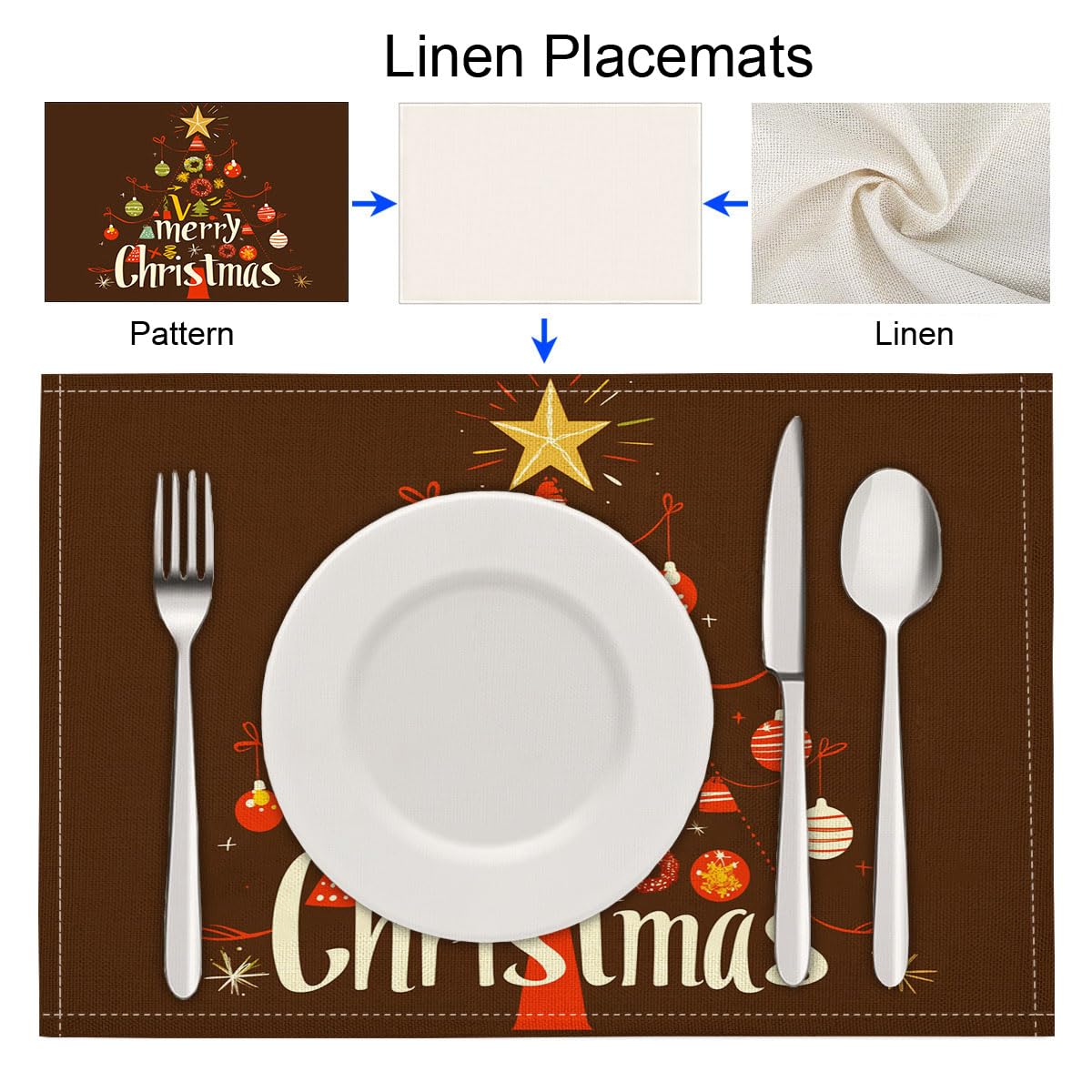 Astratto Albero Di Natale Tovaglietta americana 8 pezzi in Cotone e lino 45x30 cm, Semplice Palla Sospesa Tovagliette da tavolo per colazione e merenda Antimacchia, Marrone