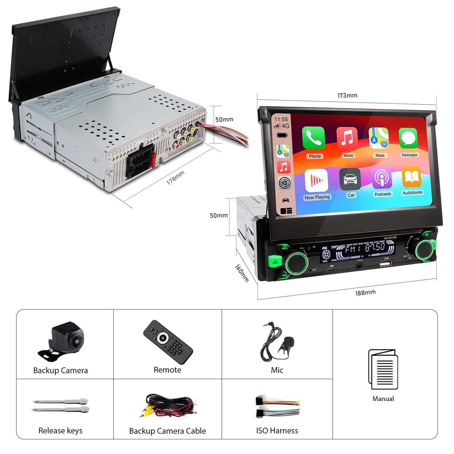 Autoradio 1 Din con Schermo (7" Retrattile Automatico) Compatibile con [Wireless] Apple CarPlay Android Auto Bluetooth AM/FM/RDS Radio USB (Type-C carica rapida 3A) AUX SD telecamera di backup