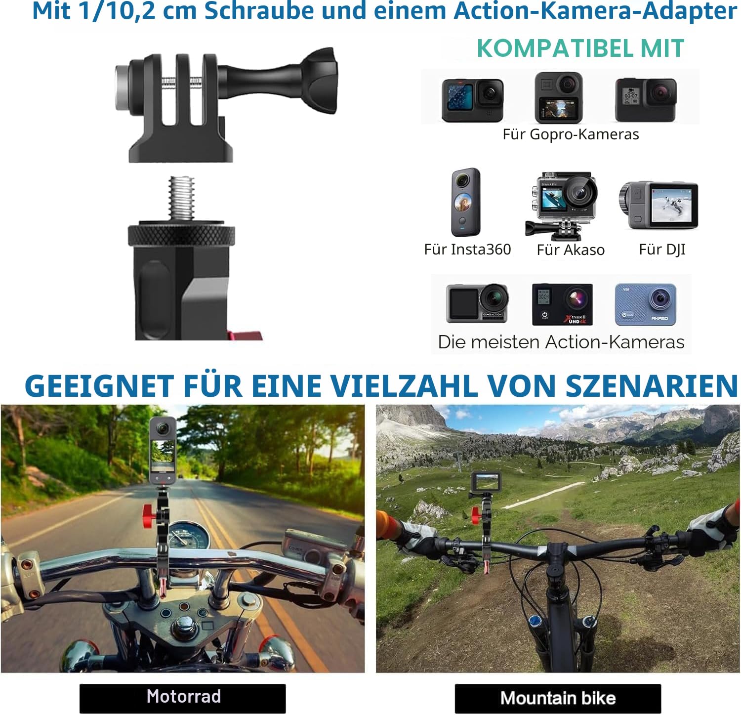 UNSTINCER Metall Action Kamera Halterung für 7~35 mm Rohr, 270° Verstellbar Cam Mount für GoPro Insta360 X5 X4 DJI Osmo AKASO Zubehör, Befestigung am Fahrrad Motorrad MTB E-Scooter Lenker Spiegel