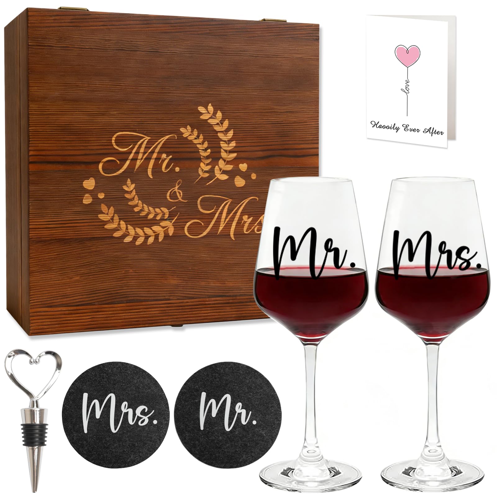 Regali di nozze per coppia di sposi Mr & Mrs, 2 bicchieri da vino con incisione e 1 chiusura del vino e 2 sottobicchieri, regalo di fidanzamento personalizzato in scatola di legno, regalo per