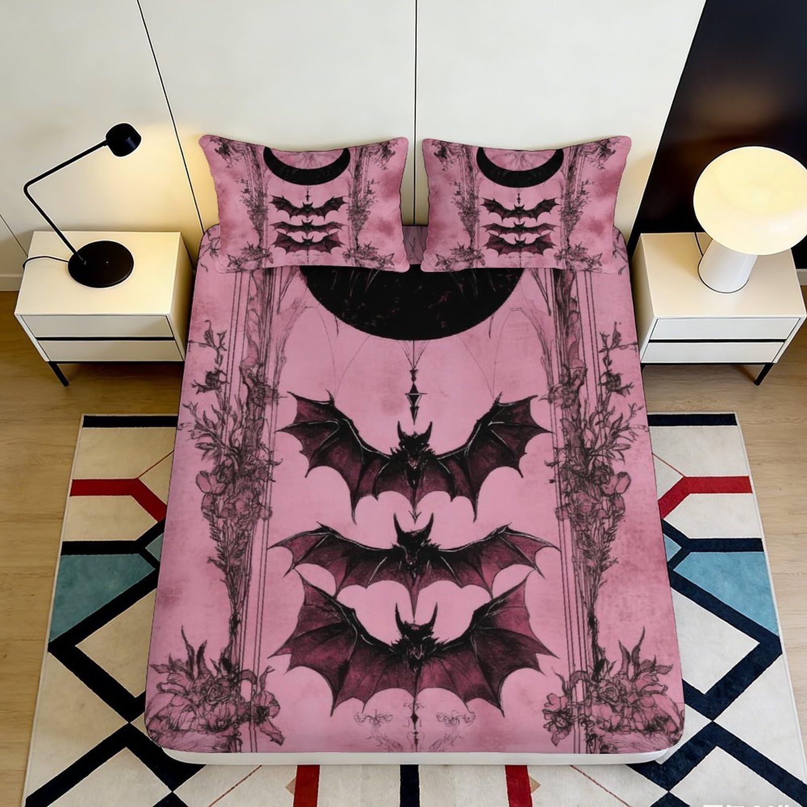 Jqzkxnhpbr Style-8 3D Printed Gothic Bat Fitted Sheet Microfiber Pink Bed Cover For Bedroom Guest Room Dorm Mattress Protection Decor 90X200x25cm
