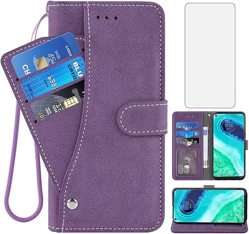Asuwish Funda compatible con Moto G Fast 2020 y protector de pantalla de vidrio templado, soporte para tarjetas de crédito, accesorios para celular,
