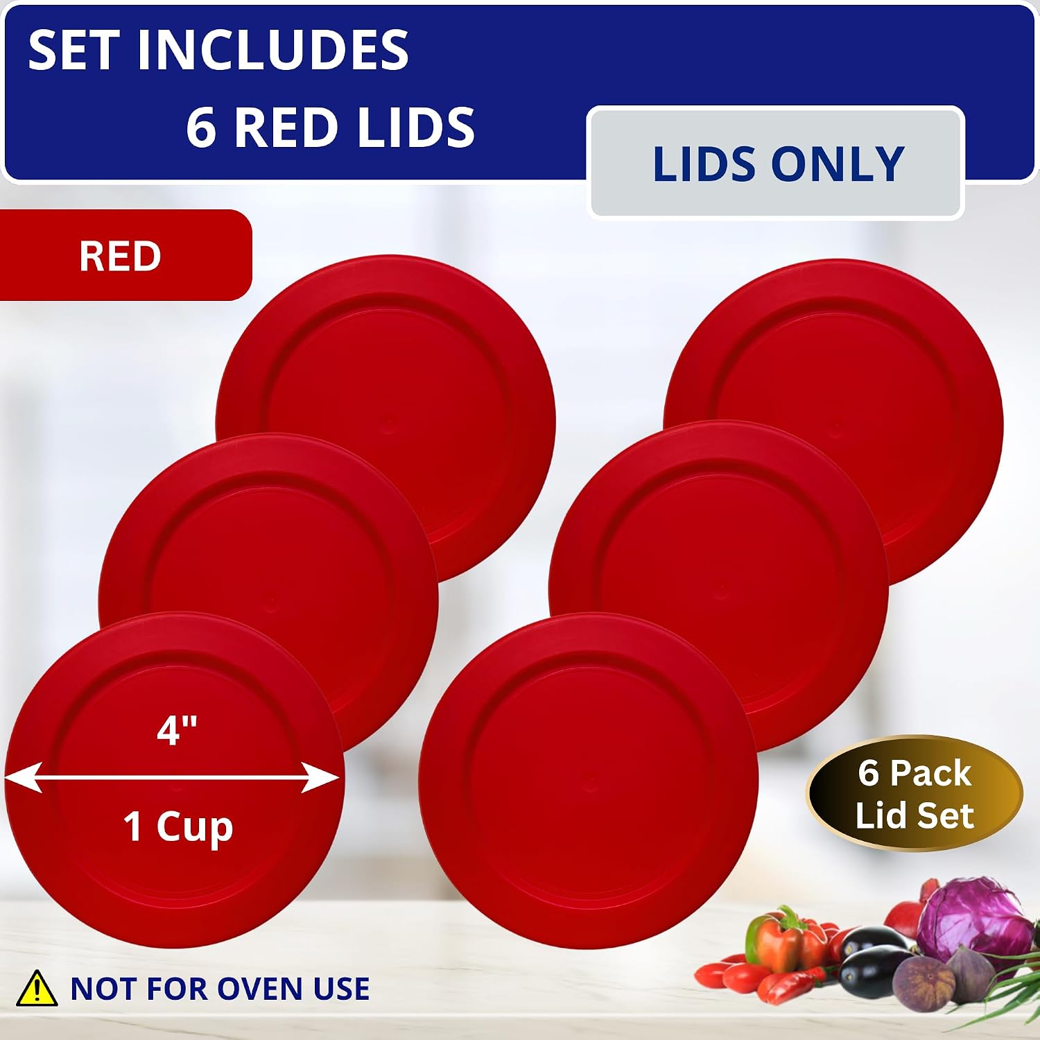 KlareWare Replacement Lids for - 1 Cup Storage Bowl Covers, BPA Free Plastic Lids for Pyrex 7202, Anchor Hocking (6 Pack, Red) - Containers NOT Included image 2
