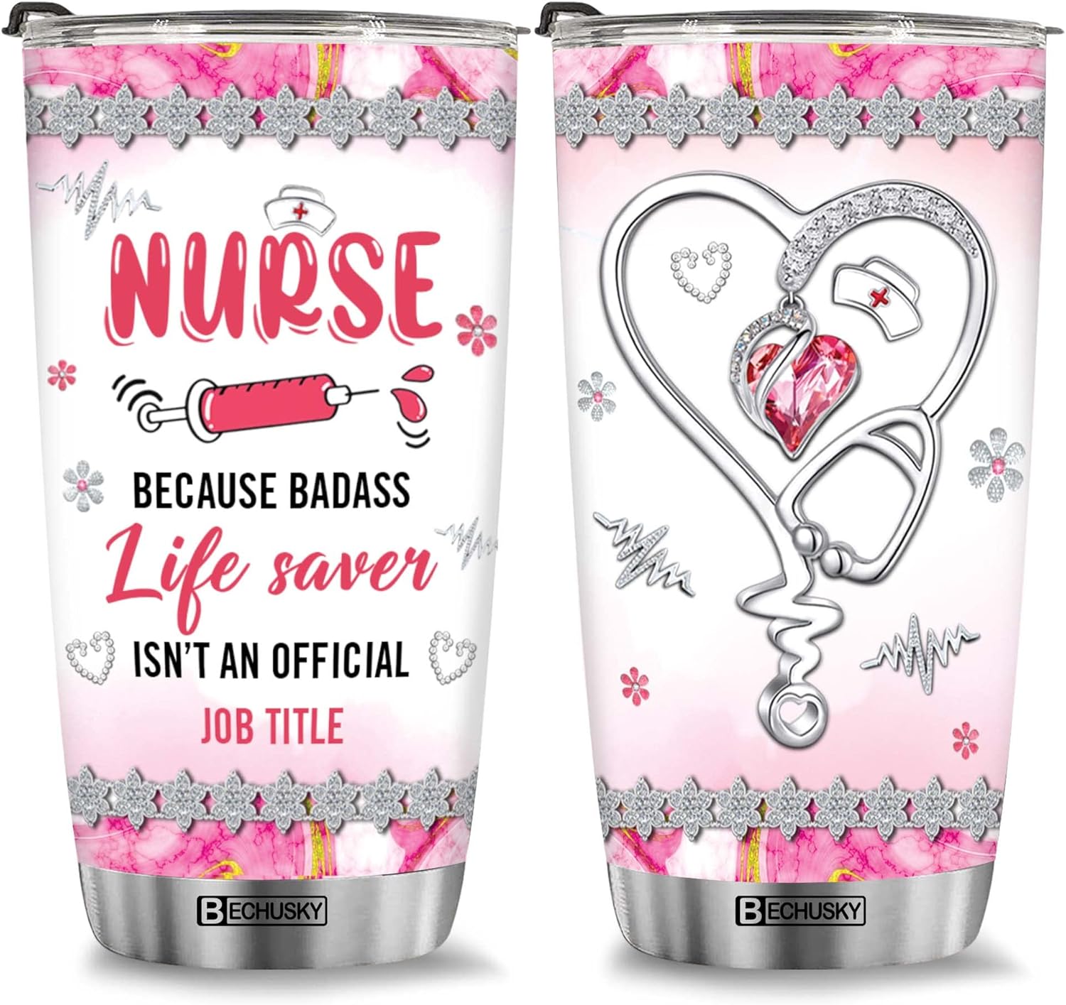 BECHUSKY Nurse Tumbler Nurse Nutrition Facts Tumbler Heartbeat Stethoscope Jewelry 3D Travel Medical Healthcare Gift For Coworker Nursing Women RN LPN On Holiday Birthday Anniversary Christmas Blue
