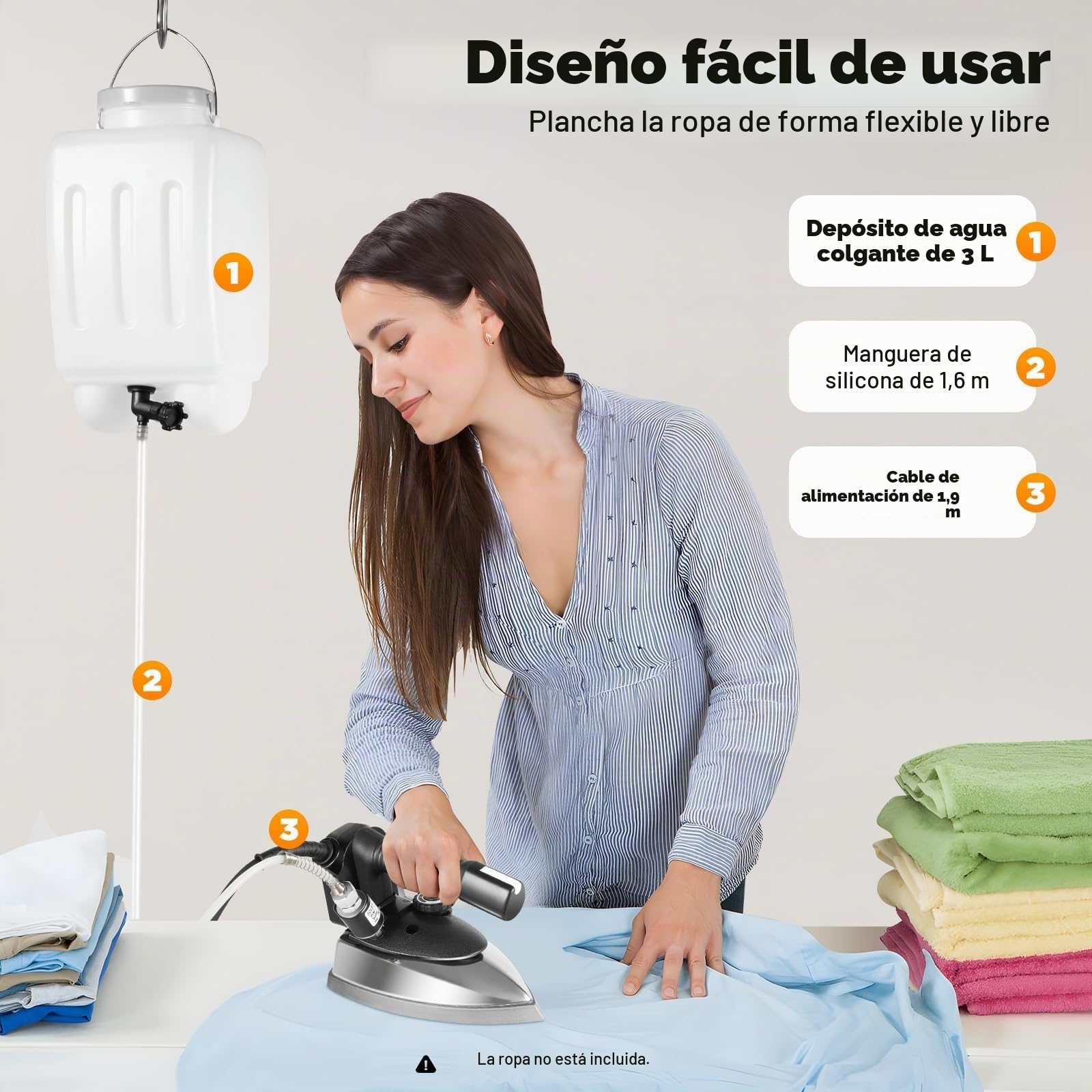 Plancha de vapor eléctrica industrial, plancha de vapor comercial de gravedad con 5 temperaturas ajustables, tanque de agua de 3l y manguera, máquina de prensado a vapor para ropa