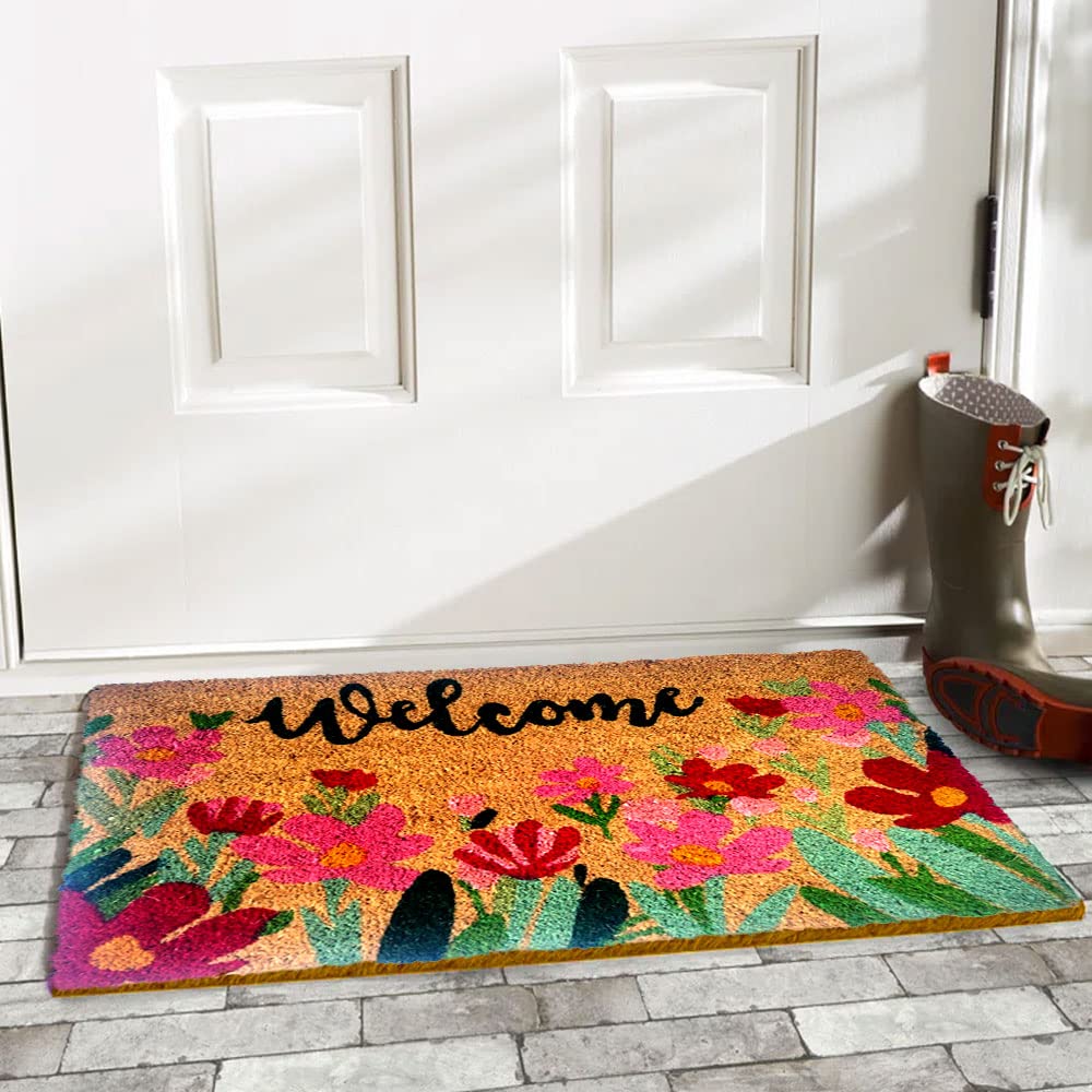 Mats Avenue® Multi Color Coir Door Mat for Entrance and Floor 40x60 cm Christmas Welcome Hand Printed Floral Pattern Set of 1