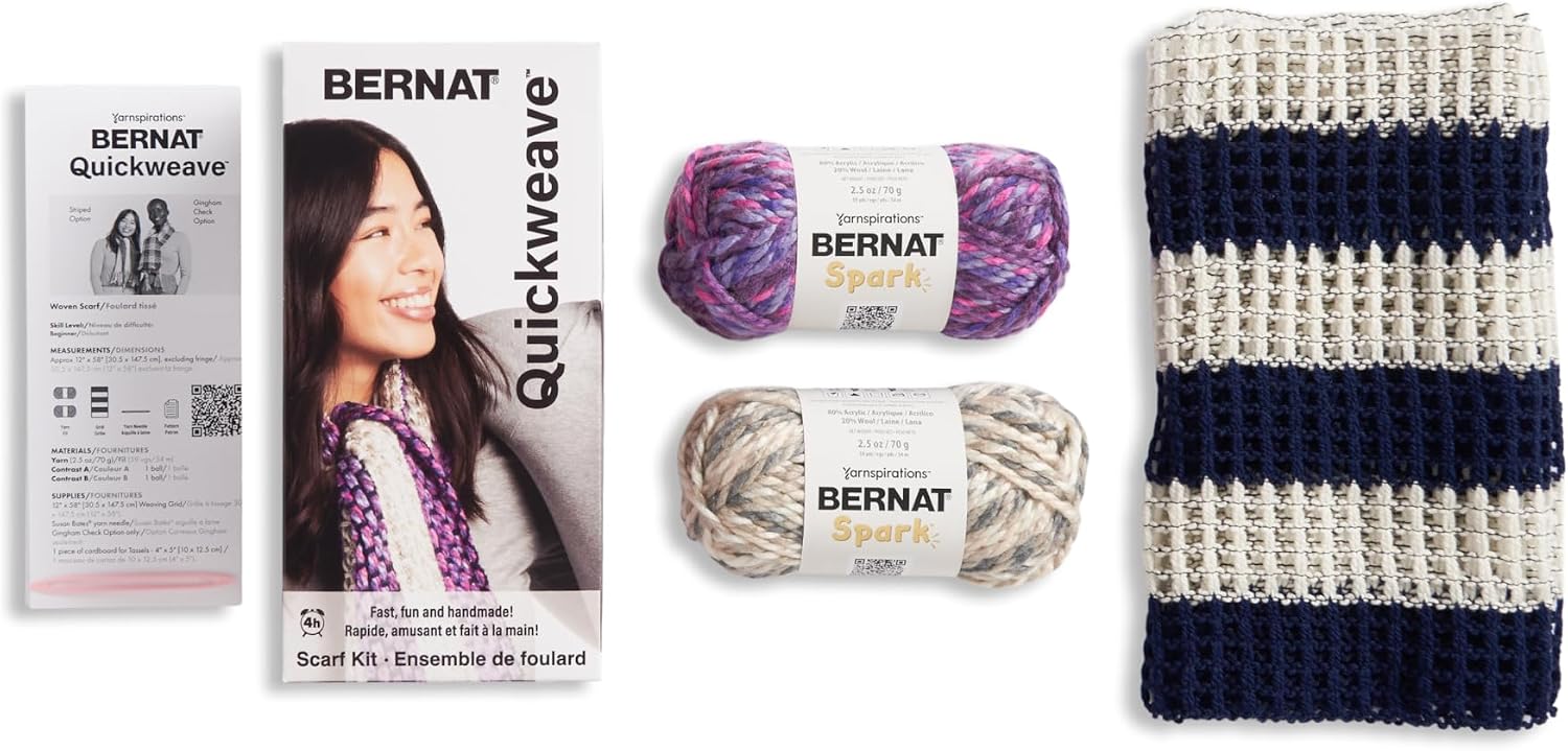 Bernat QuickWeave - 1 Pack of 120 Yards/4.9 oz Purple Tartan Yarn, 80% Acrylic, 20% Wool, Grid 85% Acrylic, 15% Polyester, Needle 100% Plastic