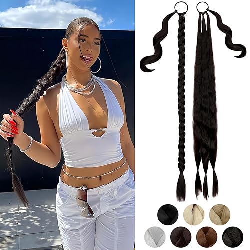 Extensión de cola de caballo trenzada de 26 pulgadas, 30 pulgadas, extensiones de cabello largo trenzado con lazo elástico, lacio envolvente,