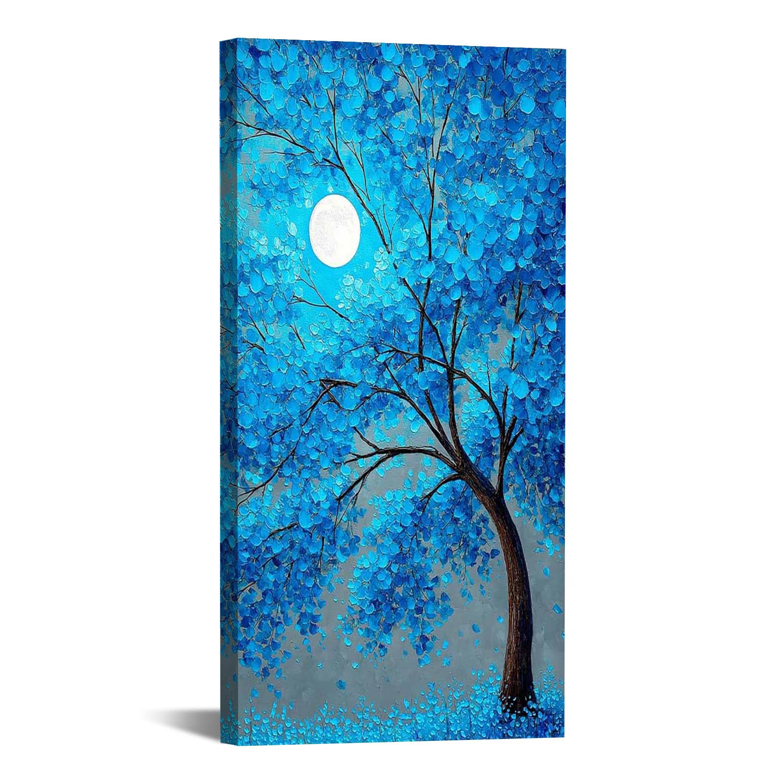 WIKEO Toile murale abstraite à thème arbre de vie coloré Affiche graffiti arbre lune Œuvre d'art moderne pour la décoration d'intérieur salon, chambre à coucher(bleu)-60x120cm Encadrée
