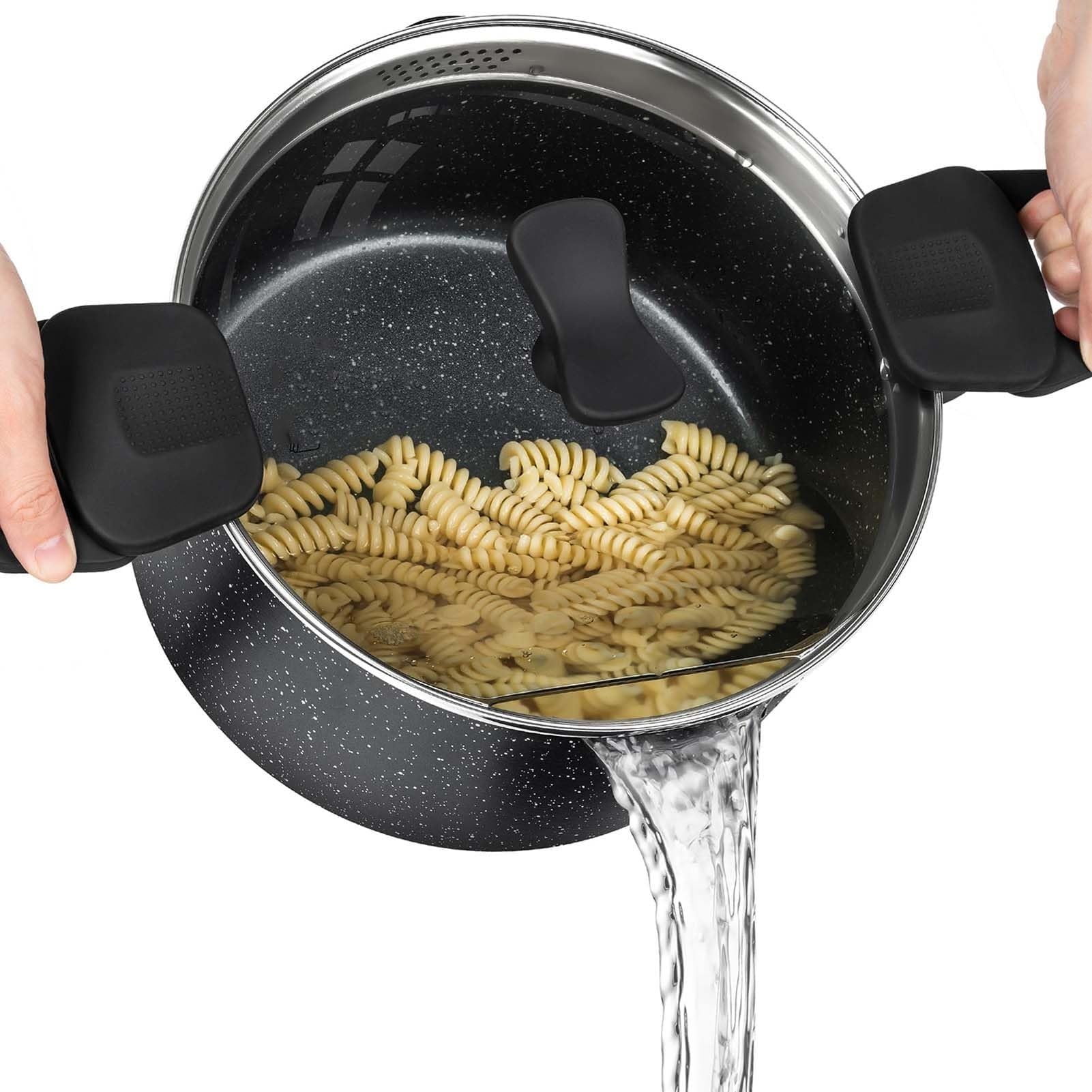Garnek do makaronu o pojemności 6 litrów z pokrywką-cedzak, garnek do spaghetti kompatybilny z indukcją, garnek do zupy z uchwytami typu twist and lock, garnek do gotowania z nieprzywierającą pow