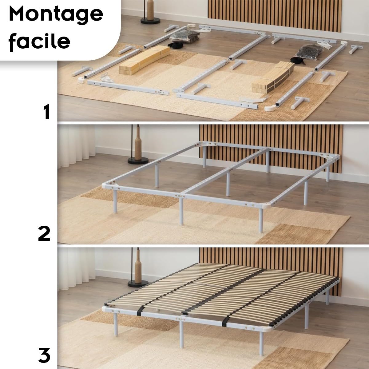 Mon Mobilier Design Ortho Sommier en Acier à Lattes avec Bande stabilisatrice Blanc 180x200 cm avec Pieds