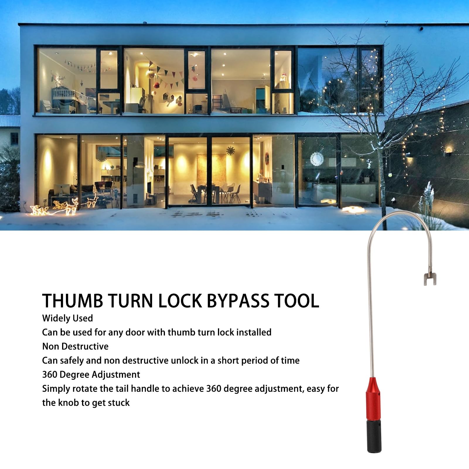 Bypass Tool for Thumb Turn Lock, 360 Degree Adjustment Universal Precision Lock Picking J Tool, Non Destructive Stainless Steel Thumb Turn Bypass Tool for Entry Lock Opening - Image 2