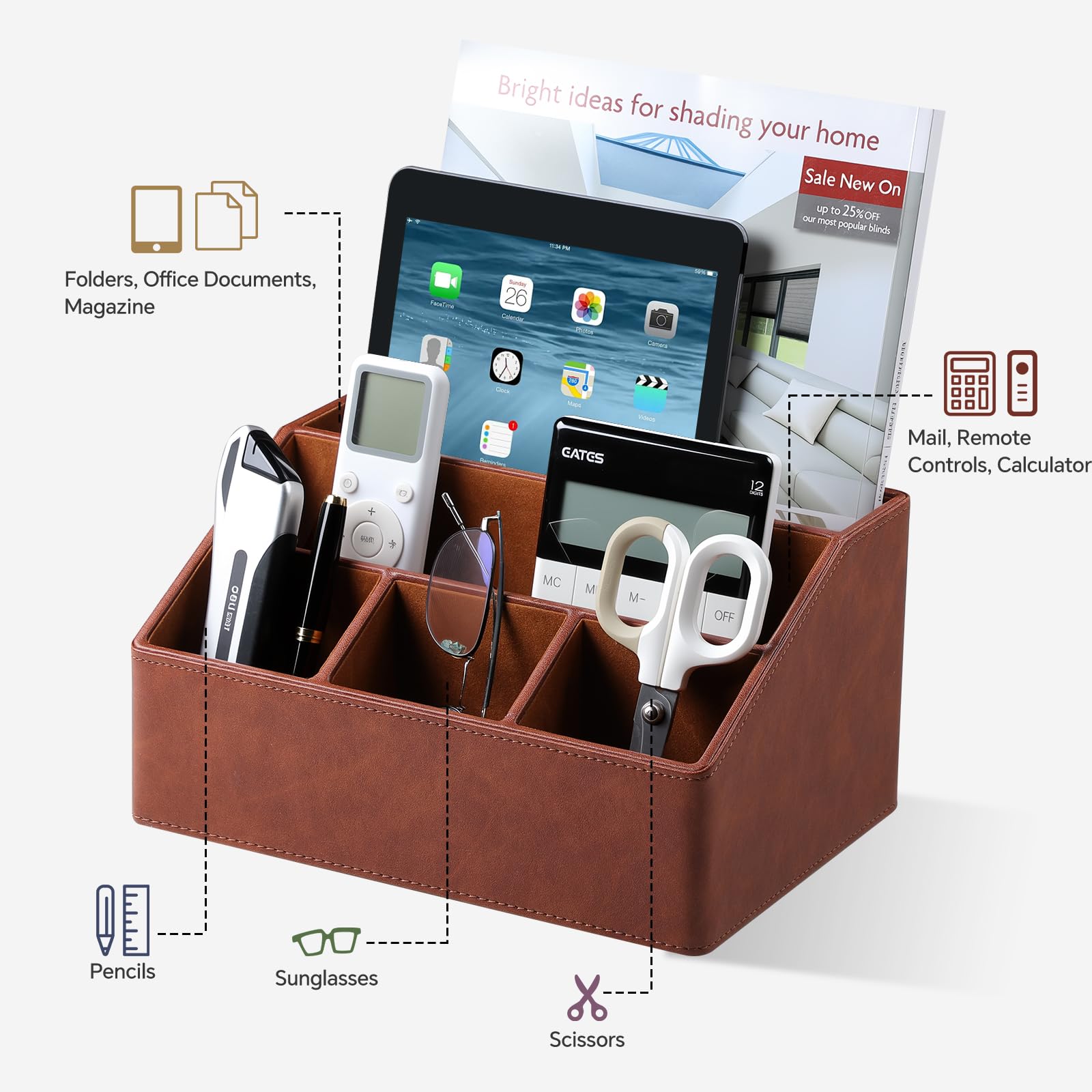 Organizer da scrivania Caddy Comodino Organizer Desk Caddy Remote Holder | Pelle PU, 5 scomparti, fodera in morbido velluto, grande capacità di archiviazione