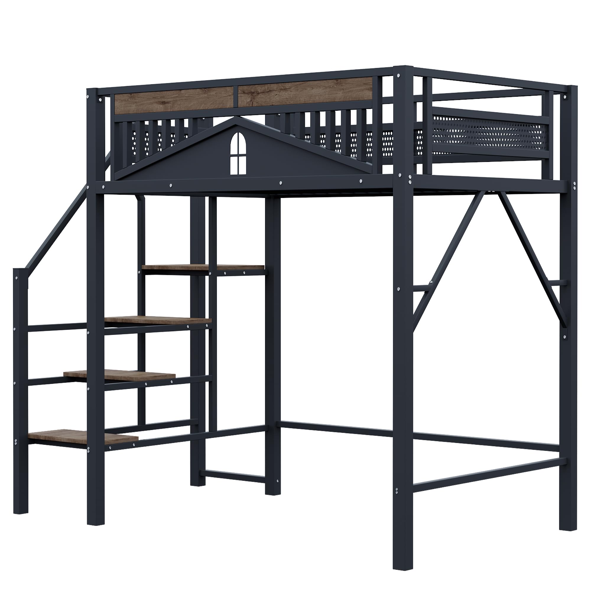 SACOOL Cama alta de metal de 140 x 200 cm, forma de carcasa única con diseño de ventana, con escalera de seguridad, mucho espacio debajo de la cama, color negro