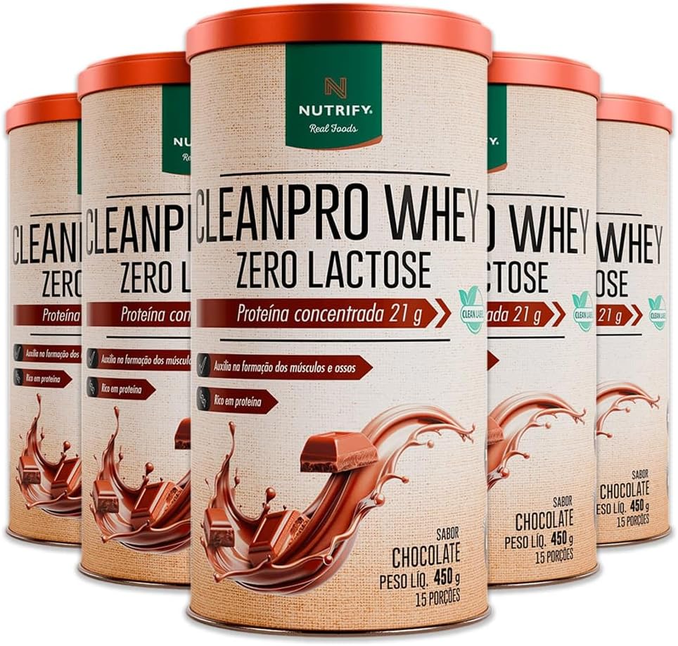 Kit 5 CleanPro Whey Chocolate Sem Lactose Nutrify 450g