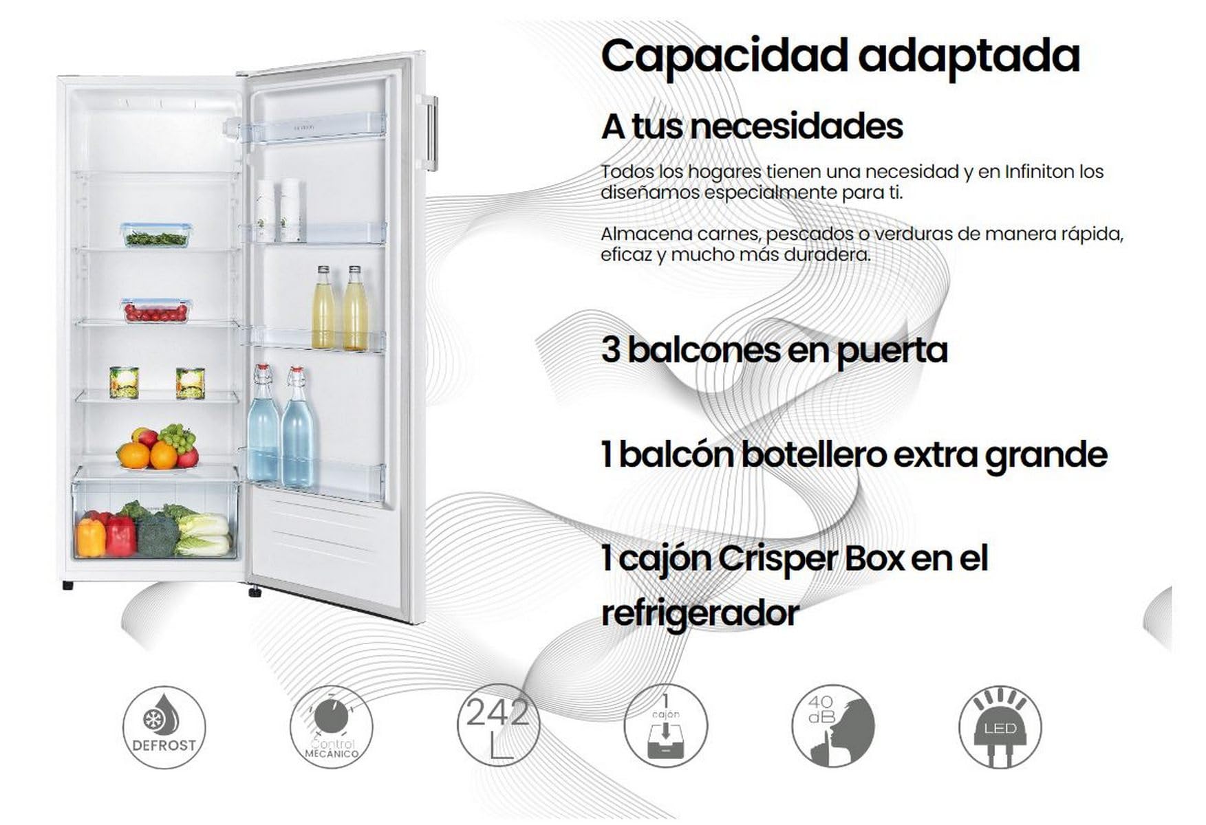 INFINITON Frigorifico Cooler CL-A144B, 242 Litros, E, Iluminación LED interior, Defrost, Diseño con Tirador exterior, Blanco
