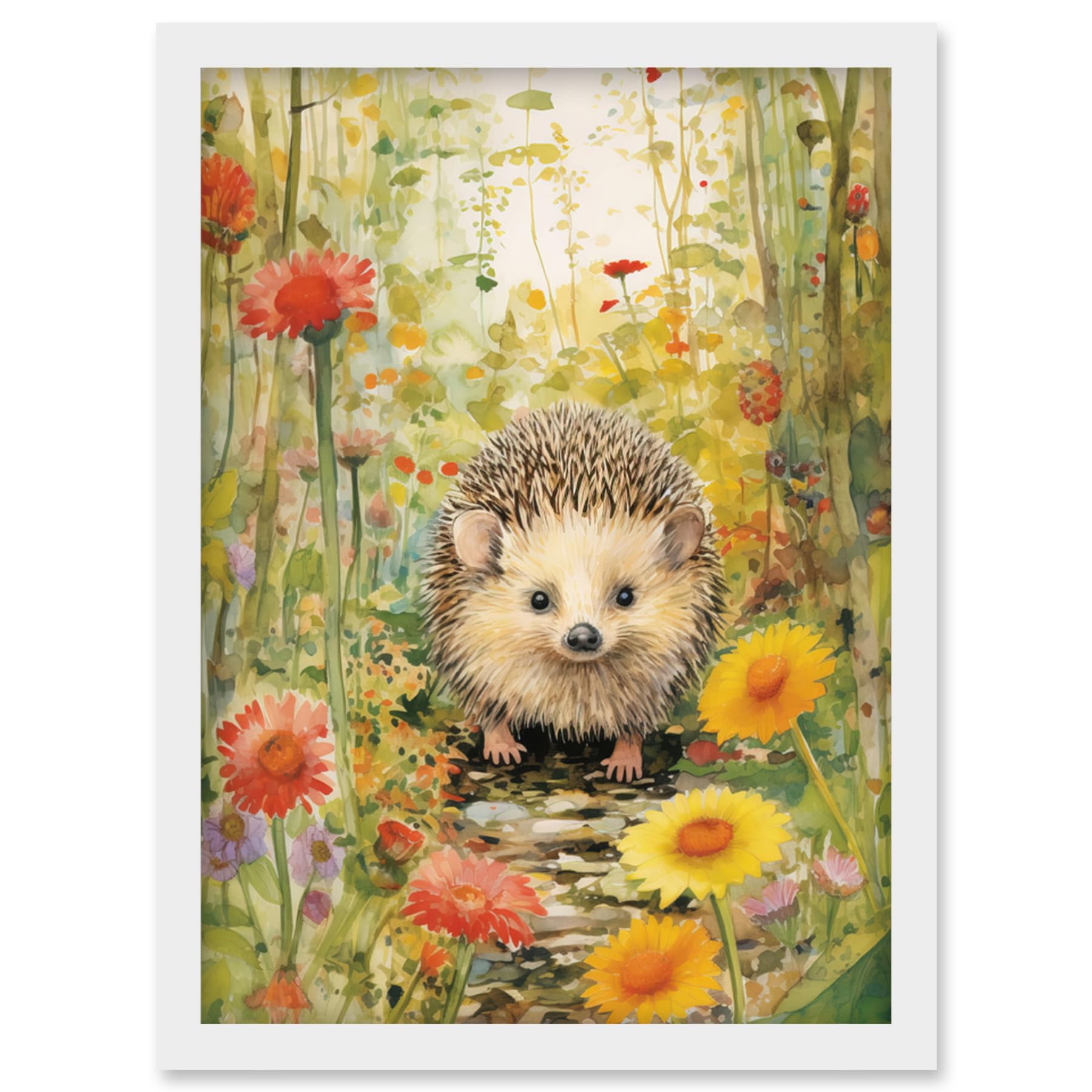Artery8 Adorable Hedgehog in a Wildflower Meadow Watercolour Painting Kids Bedroom Cute Woodland Creature Artwork Framed Wall Art Print A4