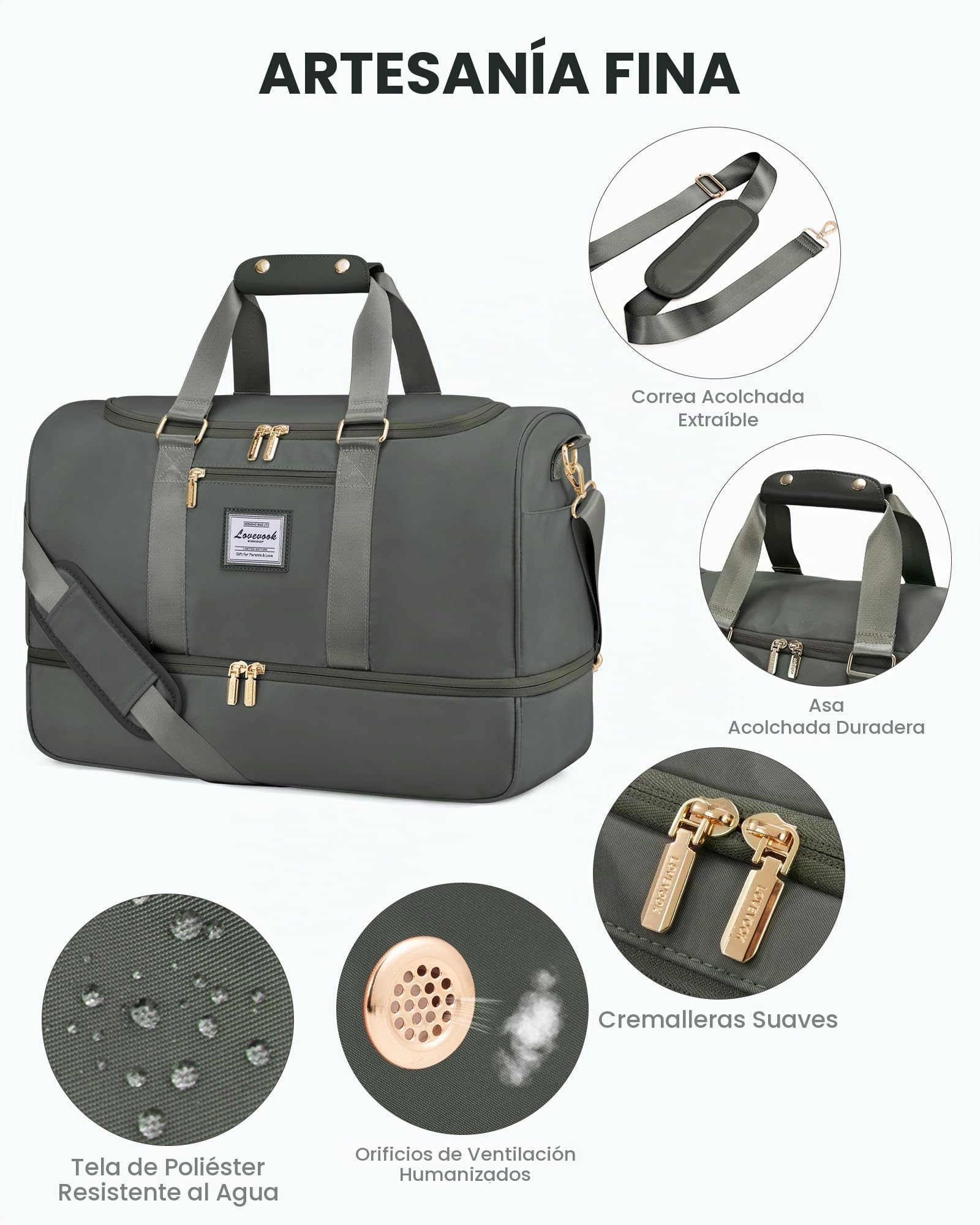 LOVEVOOK Sporttasche Reisetasche Damen Groß, Weekender Damen Reiseschen mit Kulturtasche, Schuhfach & Nassfach, Wasserdicht Gym Bag Travel Bags, Handgepäck Tasche für Sport Reise Flugzeug, verde, M
