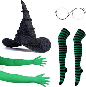 Probeauty Witch Halloween Costume Accessories Set, Black Witch Hat Glasses Green Gloves Striped Stockings for Adult Cosplay Dress Up Party