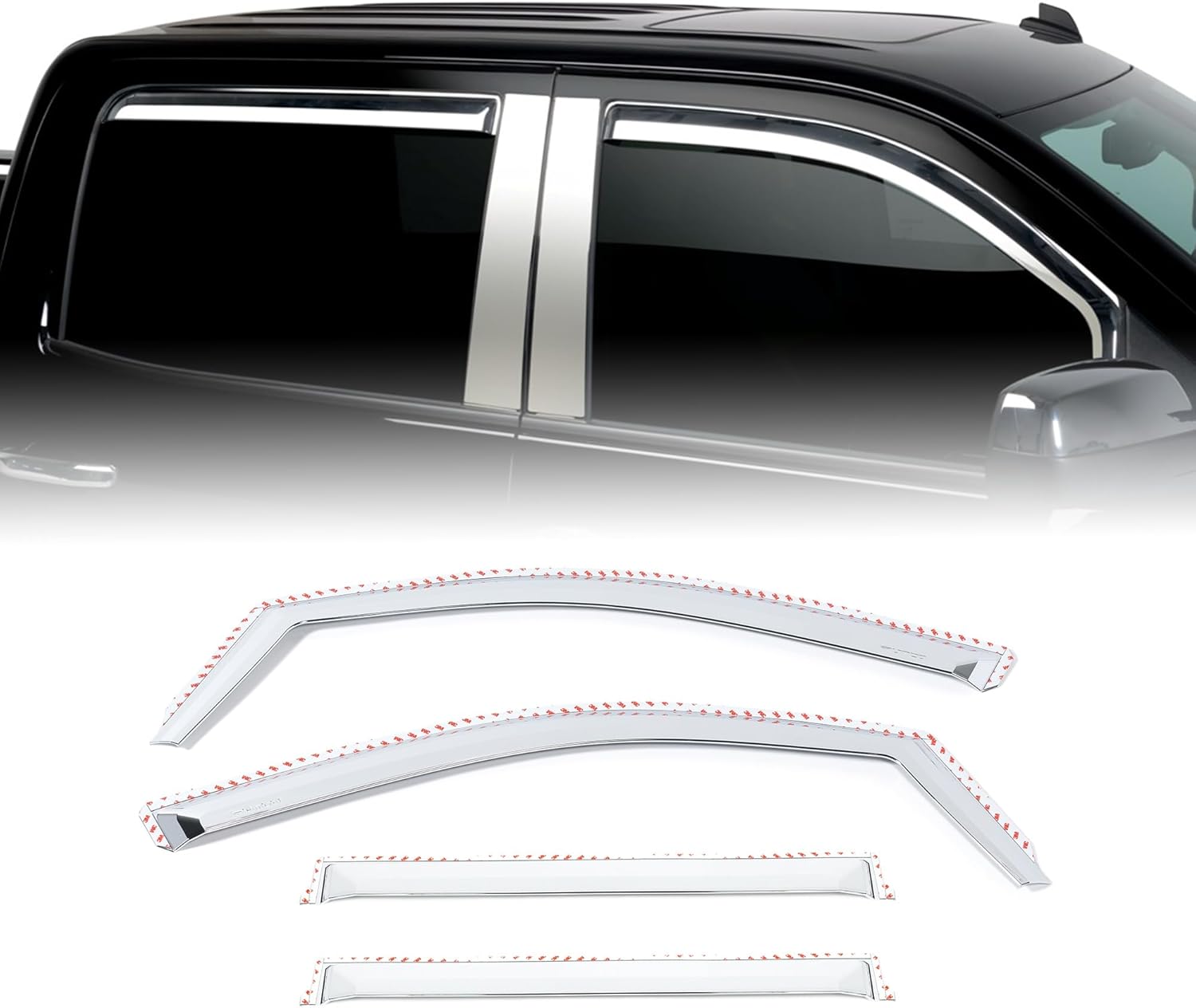 Putco Element Chrome Window Deflectors Fits Chevy Silverado/GMC Sierra 2014-2019 Double Cab - Set of 4 - in Channel Install