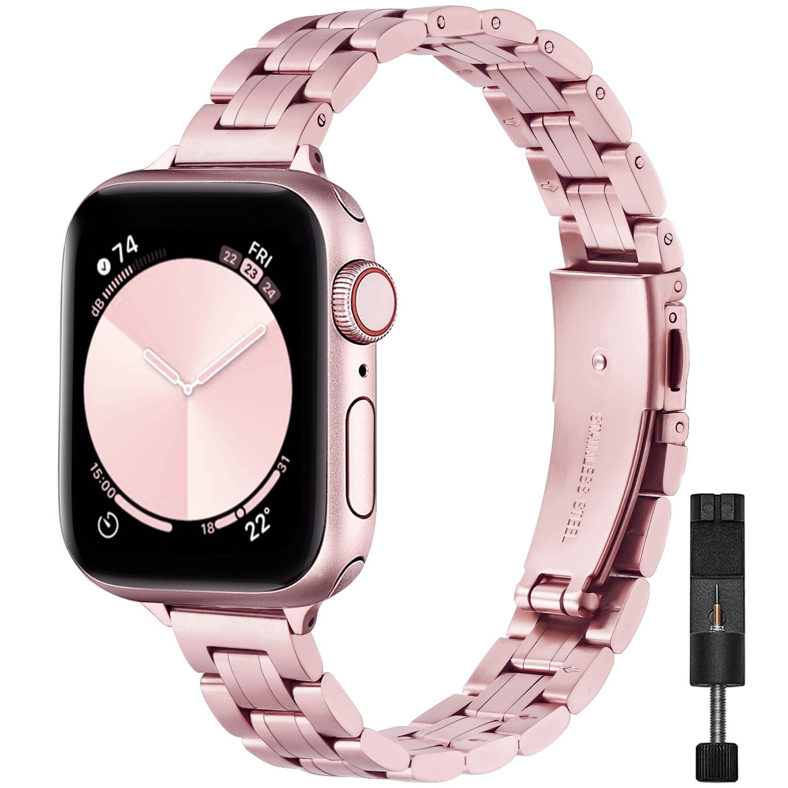 STIROLL Thin Replacement Band Compatible for Apple Watch 38mm 40mm 41mm 42mm(Series 11 10), Stainless Steel Metal Wristband Women Men for iWatch Ultra SE Series 9 8 7 6 5 4 3 2 1, Rose (No Case)