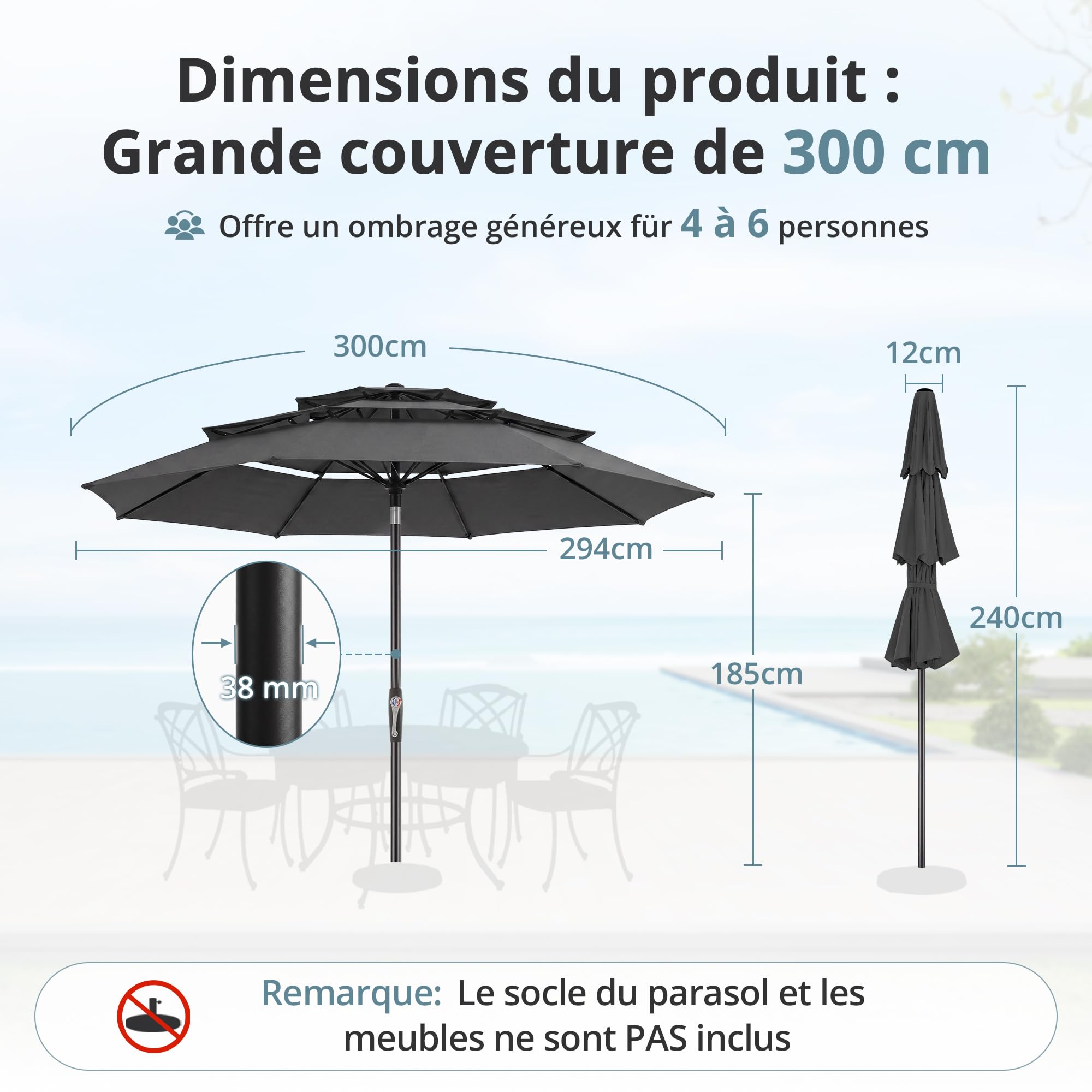 LUE BONA 3 Niveaux Parasol de Jardin 300cm-Parasol Inclinable 8 Baleines en Fibre de Verre,Protection UV 50+ pour Jardin Terrasse Patio Piscine Plage Balcon,Gris Anthracite