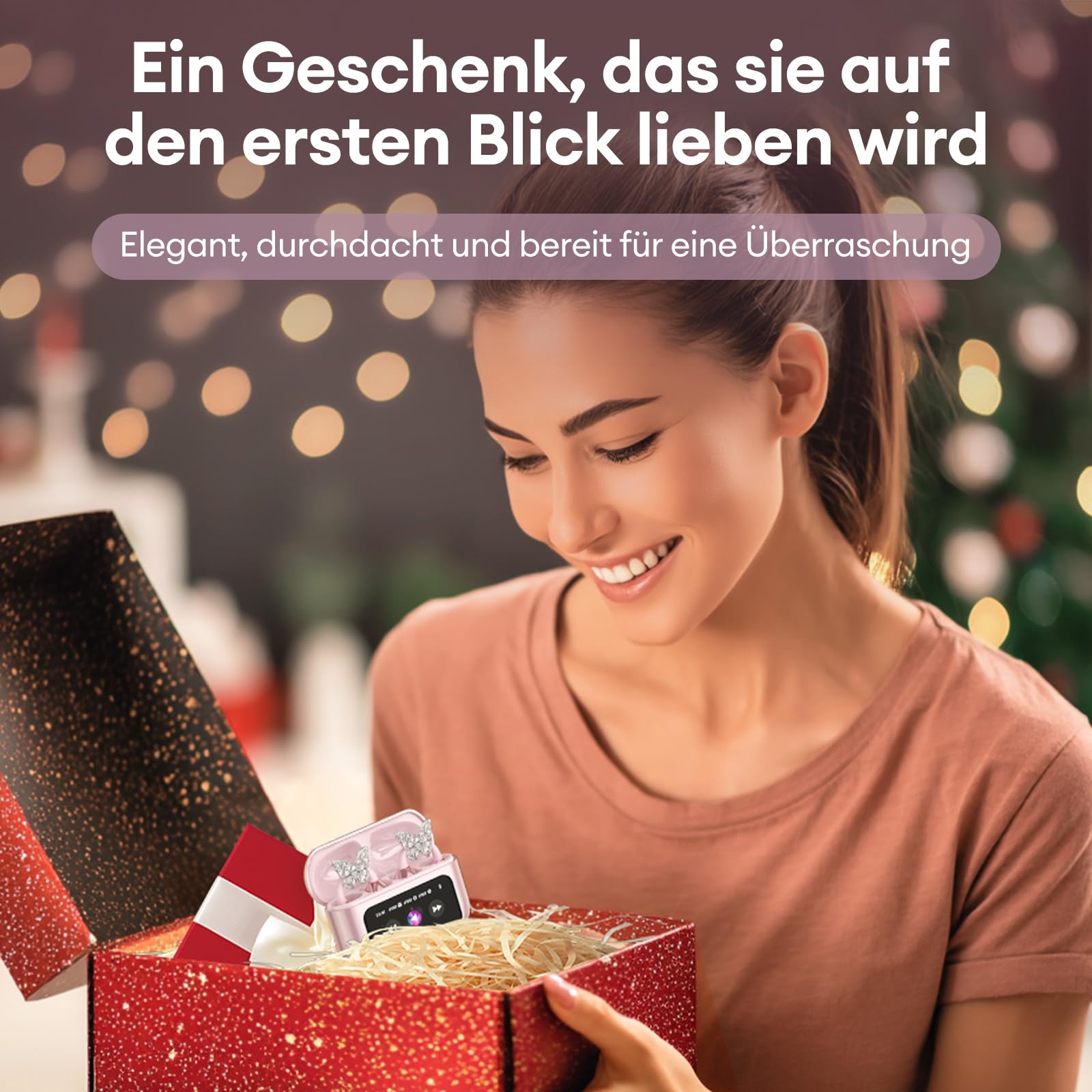 Clip On Schmuck Kopfhörer Open Ear Kopfhörer Kabellos Bluetooth 5.4 mit Intelligentem Touchscreen 4.1g Leichtgewicht Kopfhörer Sport, 60 Std Wireless Earbuds, M100 Schmetterling-Ohrring Rosa