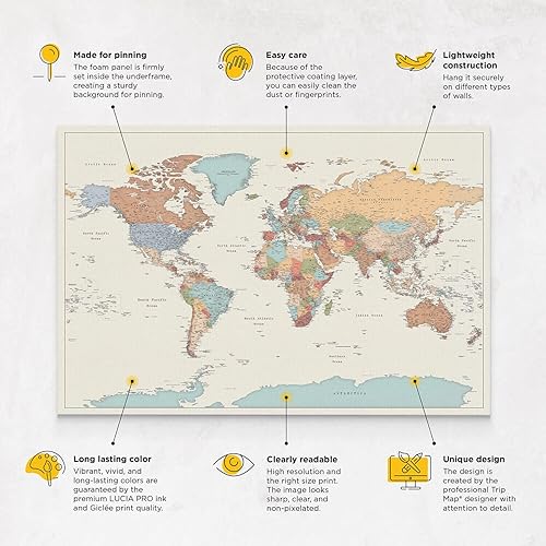 Miniatura 5 de Push Pin Travel Map - Detailed World Map with Pins - Canvas Pinboard Map to Hang & Pin - Mark Places You've Been - Options to Personalize (Large