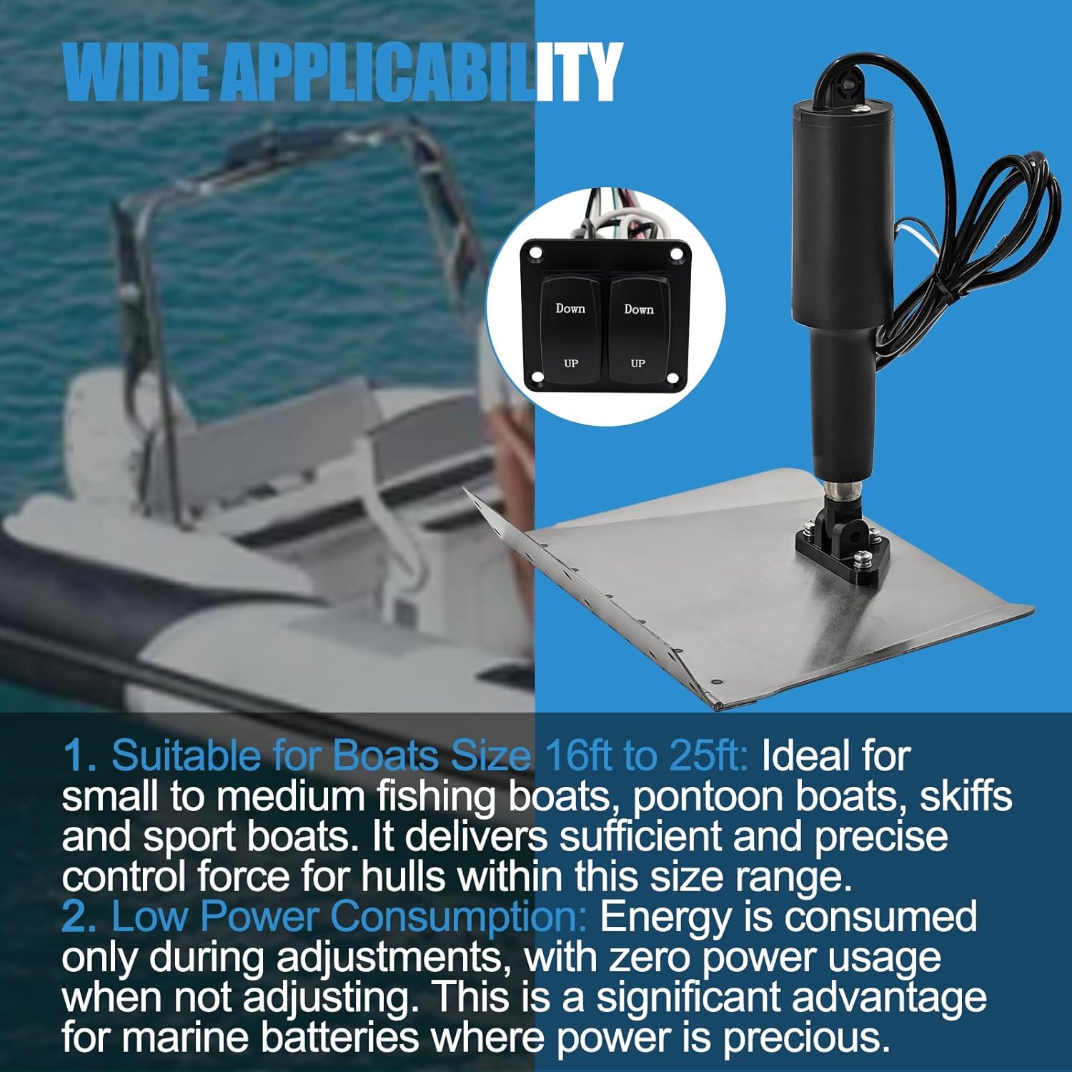 15001-101 9" x 12" Standard Trim Tab Kit, 15101-104 12V w/Double Rocker Switches Trim Tabs for Boats Size 16ft to 25ft Replace# 15001101, 15101104