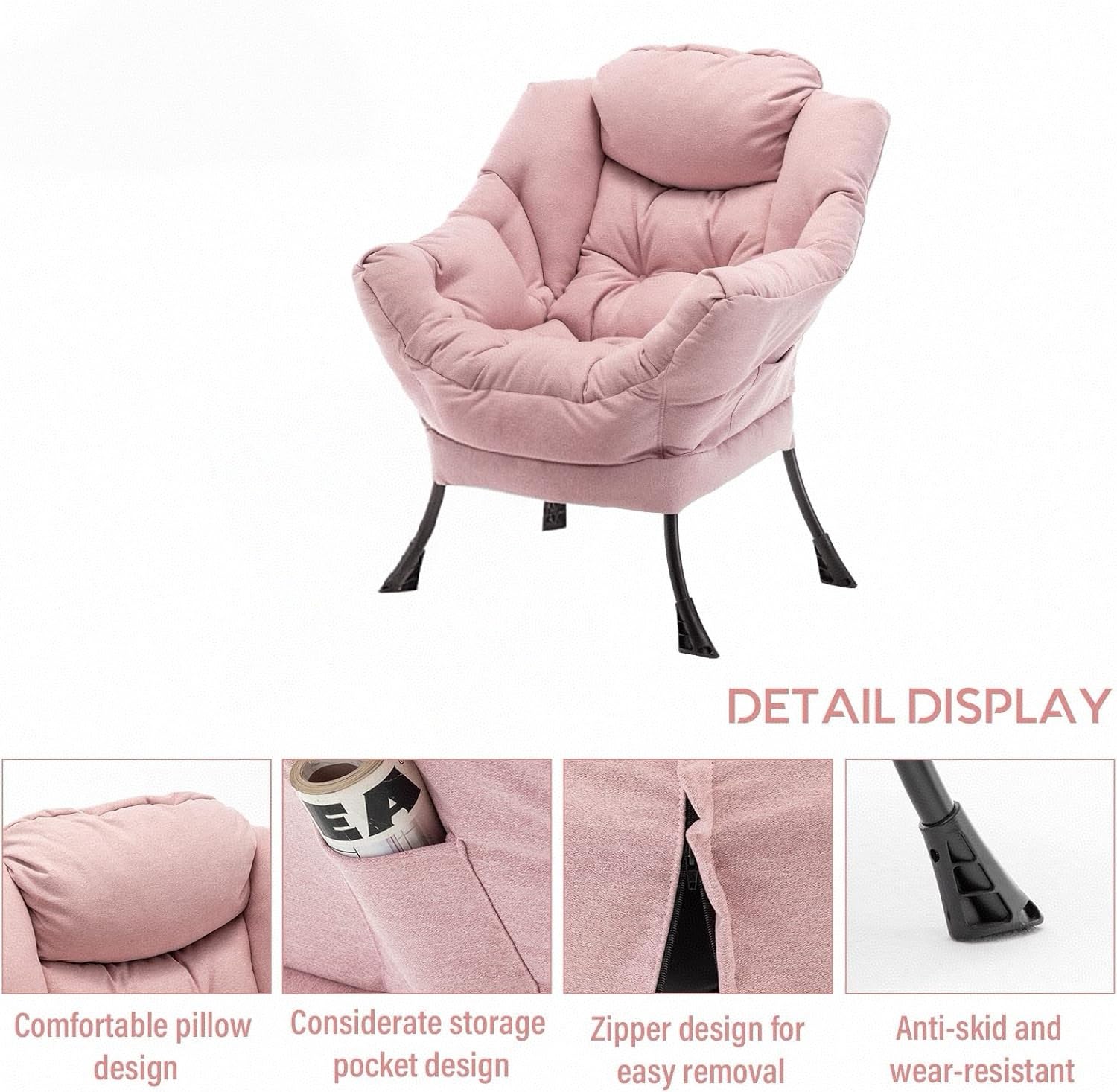 Fauteuil Salon, Fauteuil Relax avec Oreiller et Poche Latérale, Chaise Chambre Confortable pour Lecture, Cadre en Métal pour Charger de 150 kg, 80x65x95 cm, Rose-A