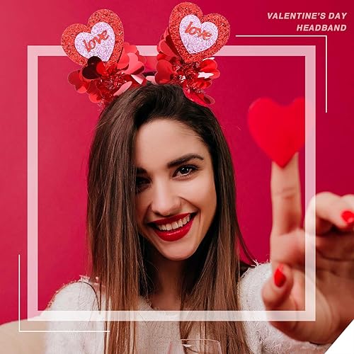 Miniatura 7 de Olbye Diadema para el día de San Valentín, diadema de corazón rojo, aro de amor rosa, lentejuelas con purpurina, corazones, cabeza, bopper,