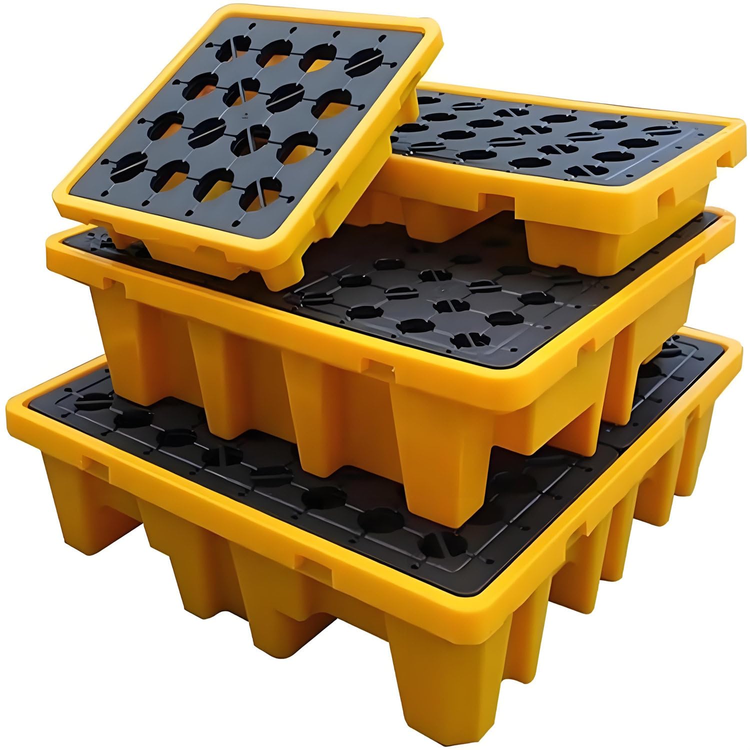 Bac de rétention robuste avec drain, plateau modulaire pour chariot élévateur, destiné au stockage industriel d'huiles et de produits chimiques, 33,5 x 33,5 x 5,5 cm, solution durable et fia