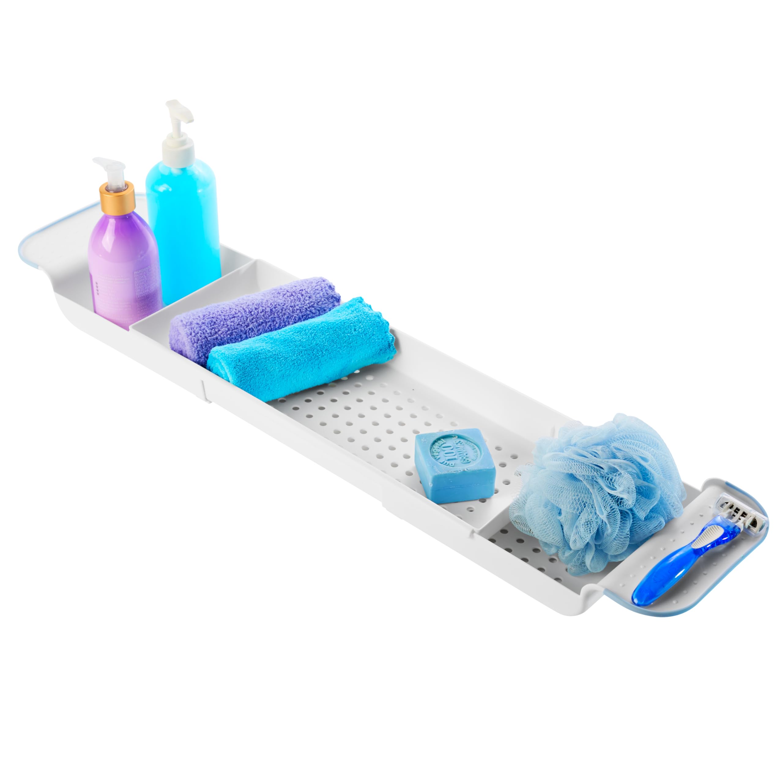 madesmart Expandable Bath Shelf Adjustable Bathtub Tray for Bath-Night Holds Glasses Soaps Toys Bath Essentials Non-Slip Grip Fits