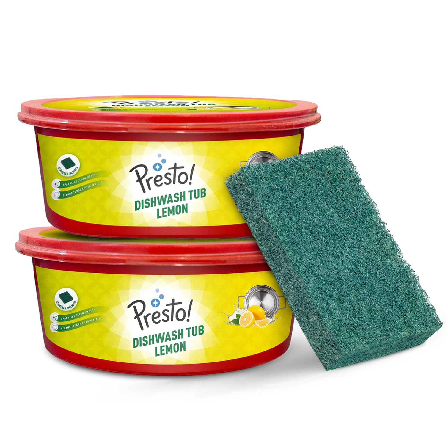 Amazon Brand - Presto! Dishwash Tub Bar | 700 Gram X Pack of 2 | With Free Scrub Pad | Lemon | Round Shape For Longer Use | Tough On Grease | Gentle On Hands