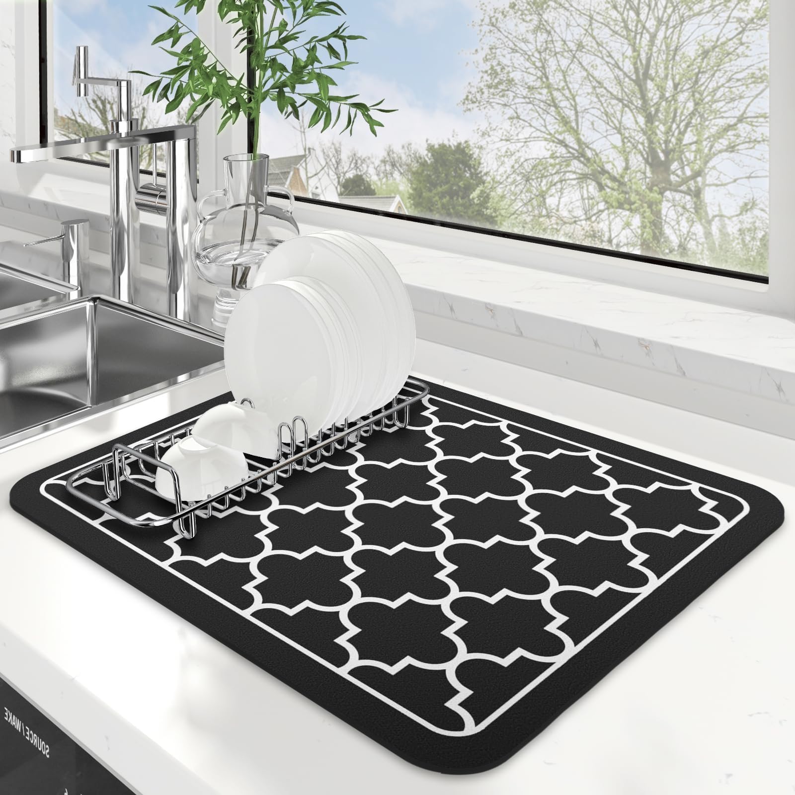 WISELIFE Dish Drying Mat Super Absorbent Drying Mat Large Dish Drying Mats for Kitchen Counter Easy Clean Dish Mat Kitchen Drying Mat15"x 18" Stylish Black