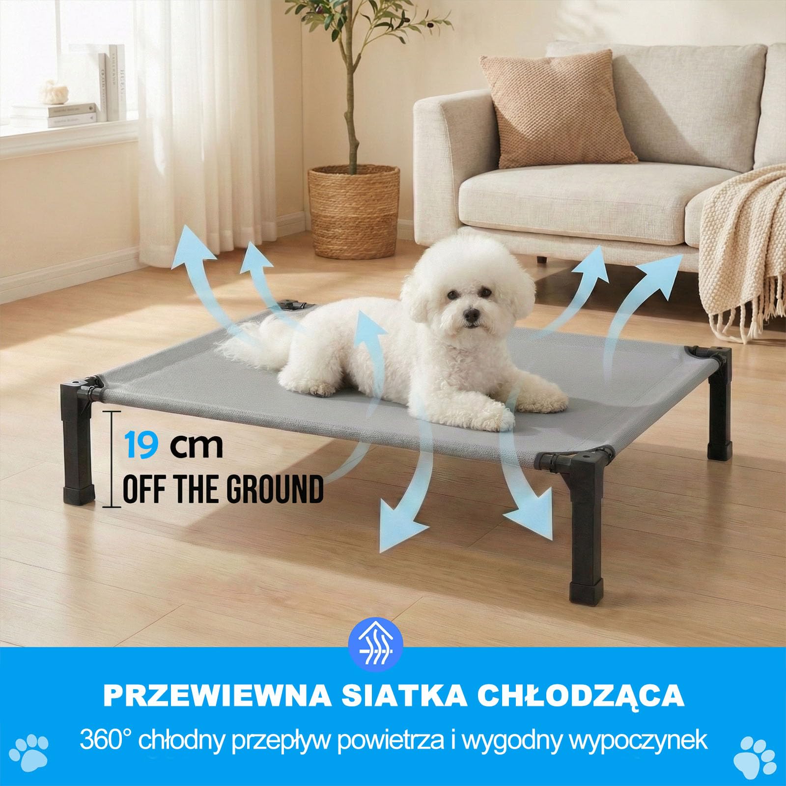 Niubya Podwyższone Legowisko dla Małych Psów M 90x63x19 cm, Siatka Chłodząca Odporna na Gryzienie, Stal Antykorozyjna, do Użytku Wewnątrz i na Zewnątrz