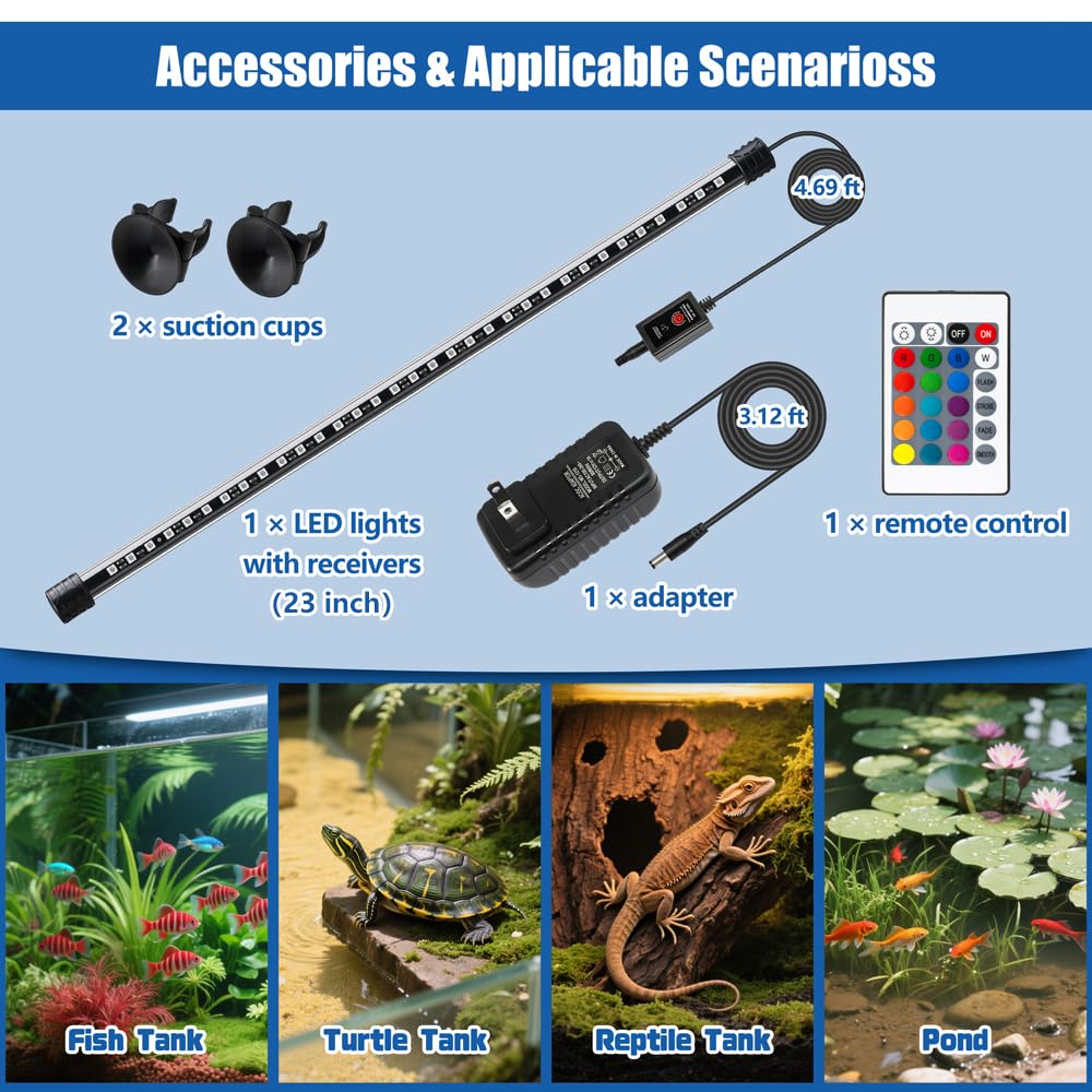 Luz LED para acuario con IP68 impermeable y función de memoria, luz sumergible para pecera con control remoto y 16 colores, 23 pulgadas de brillo, barra de luz subacuática ajustable para