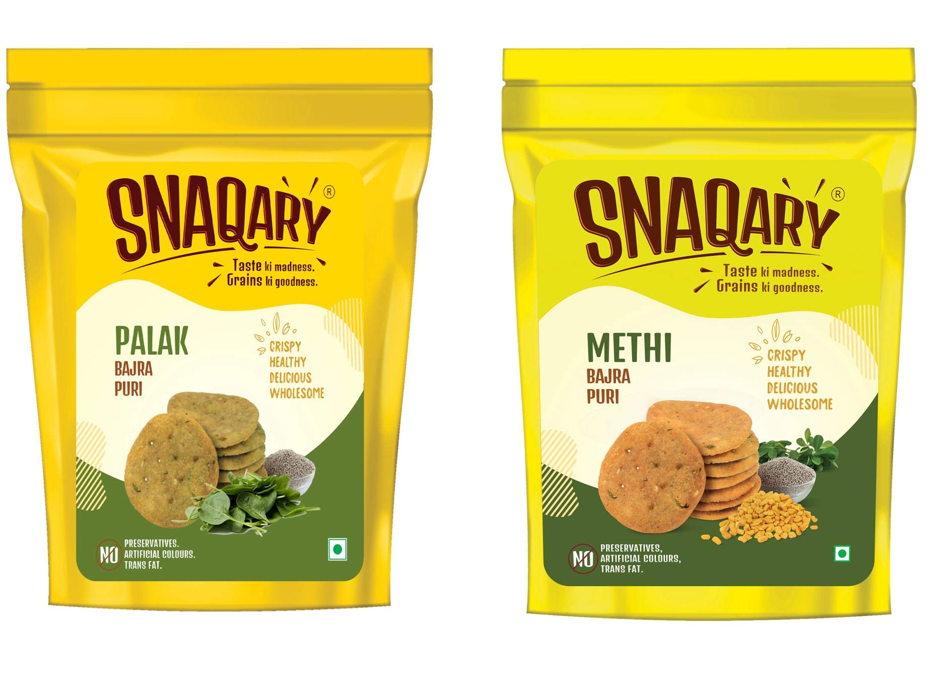 Snaqary Ready to eat Multigrain Bajra Mathi Puri (3000 gms) | Mathri Chai TimeIndian Healthy Snacks | No added artificial Flavour| Crispy Namkeen Tea Snacks | Palak and Methi Flavour |(150gms each)