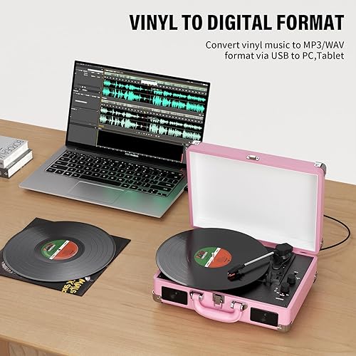 Miniatura 4 de Tocadiscos de vinilo portátil de 3 velocidades Bluetooth con maleta con altavoces incorporados, salida de línea RCA auxiliar en conector de
