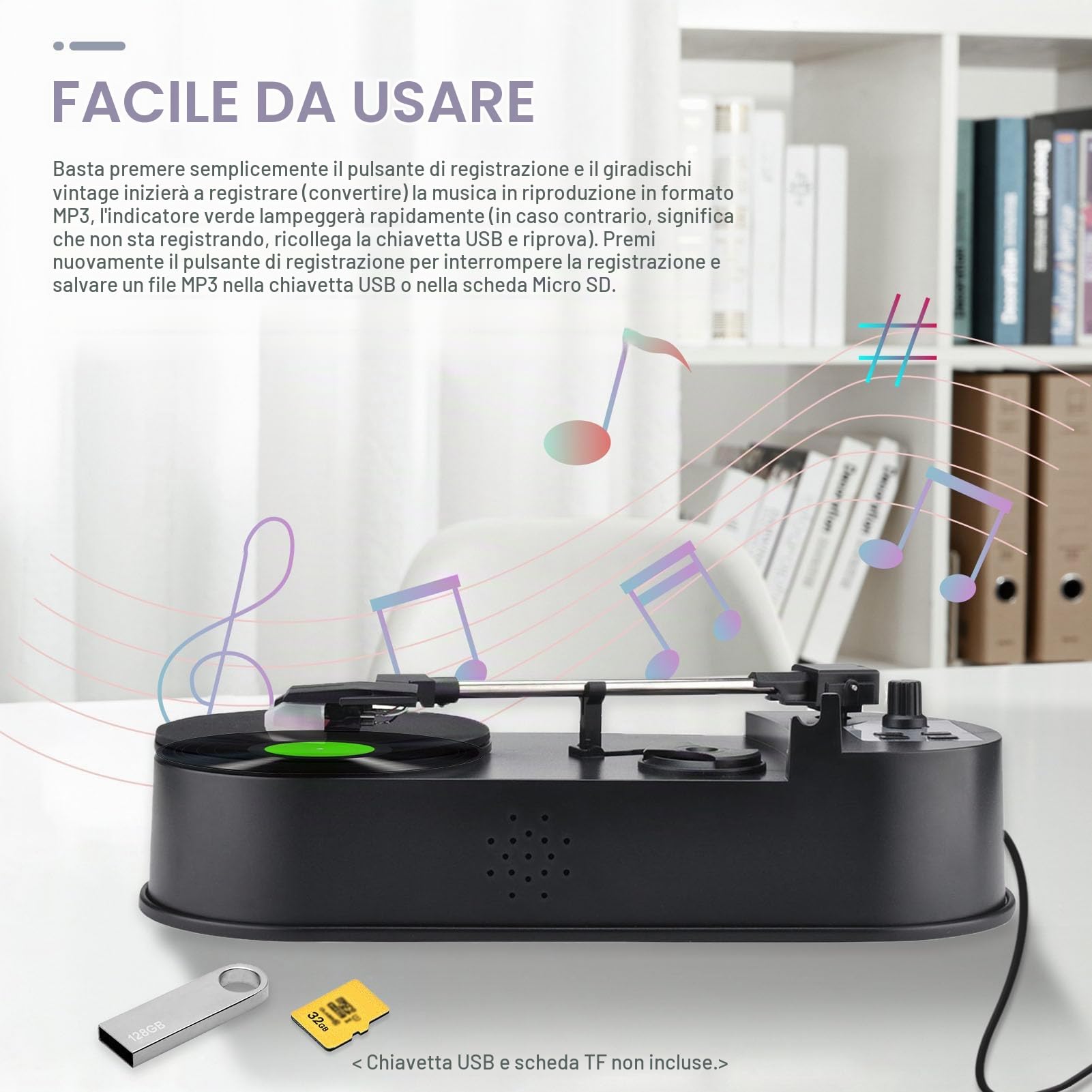 Giradischi USB,33/45 Prm LP Convertitore da Giradischi a MP3 Convertitore da Vinile a MP3 Giradischi con Adattatore 5V CC con Slot per Scheda Micro