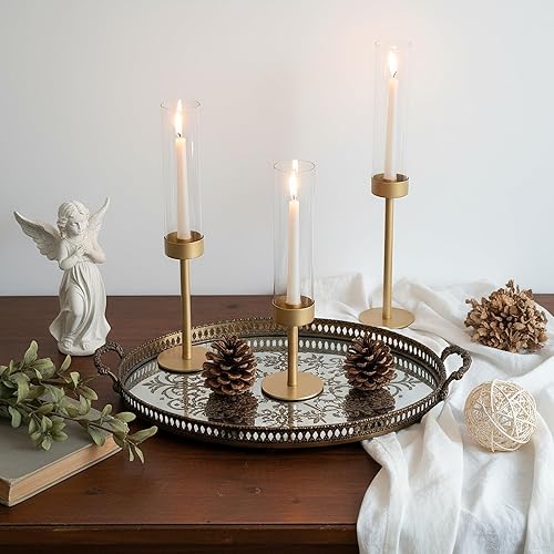 Miniatura 8 de Juego de 3 portavelas de huracán, de metal dorado mate, con tubos cilíndricos de chimenea de vidrio transparente, soportes altos para velas para