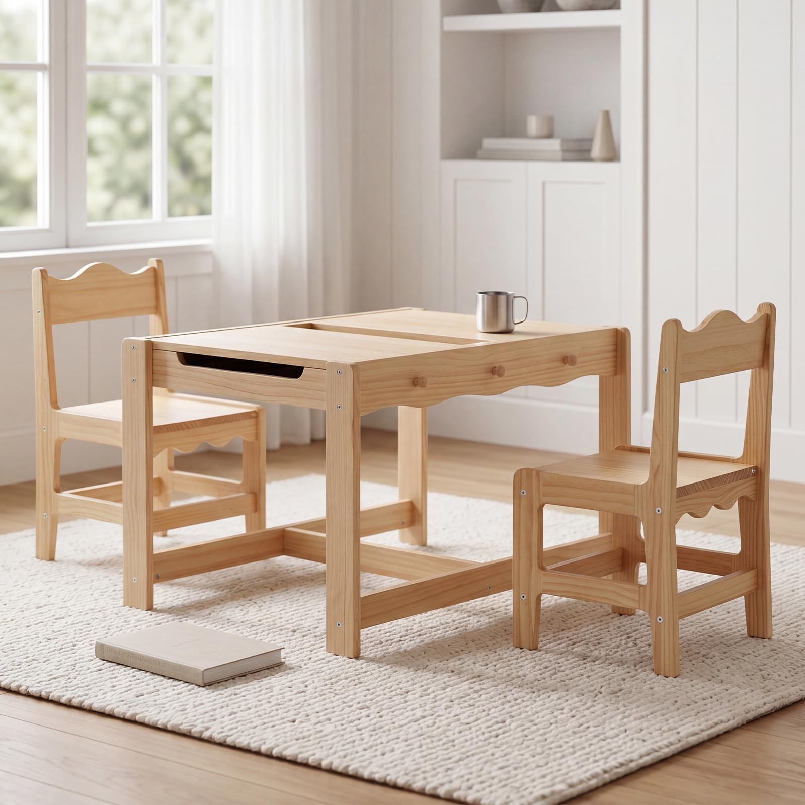 chairus 3 en 1 Table Enfants avec 2 Chaises, Réversible à Double Face avec Tableau Noir, Grand Rangement caché, Crochets latéraux, Coins arrondis, Table pour Dessiner Apprendre Bois Naturel