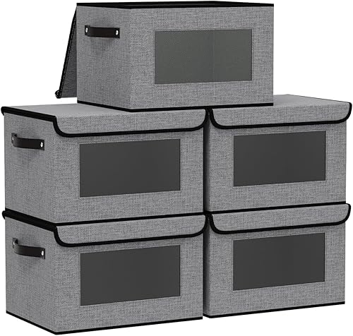 Miniatura 18 de Cajas de almacenamiento de tela, 13 x 9.1 x 7.9 pulgadas, cestas de manta para estantes con tapas, cubos con asas, cubos decorativos de lino para