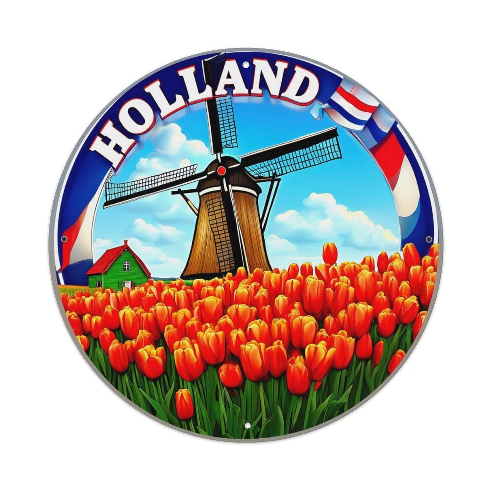 Holland Windmill Tulip Field Scene Vintage Metal Tin Sign Retro Wall Decor for Home Bar Garage Cafe, Indoor & Outdoor Decorative，circle Metal Poster, 8x8 Inch