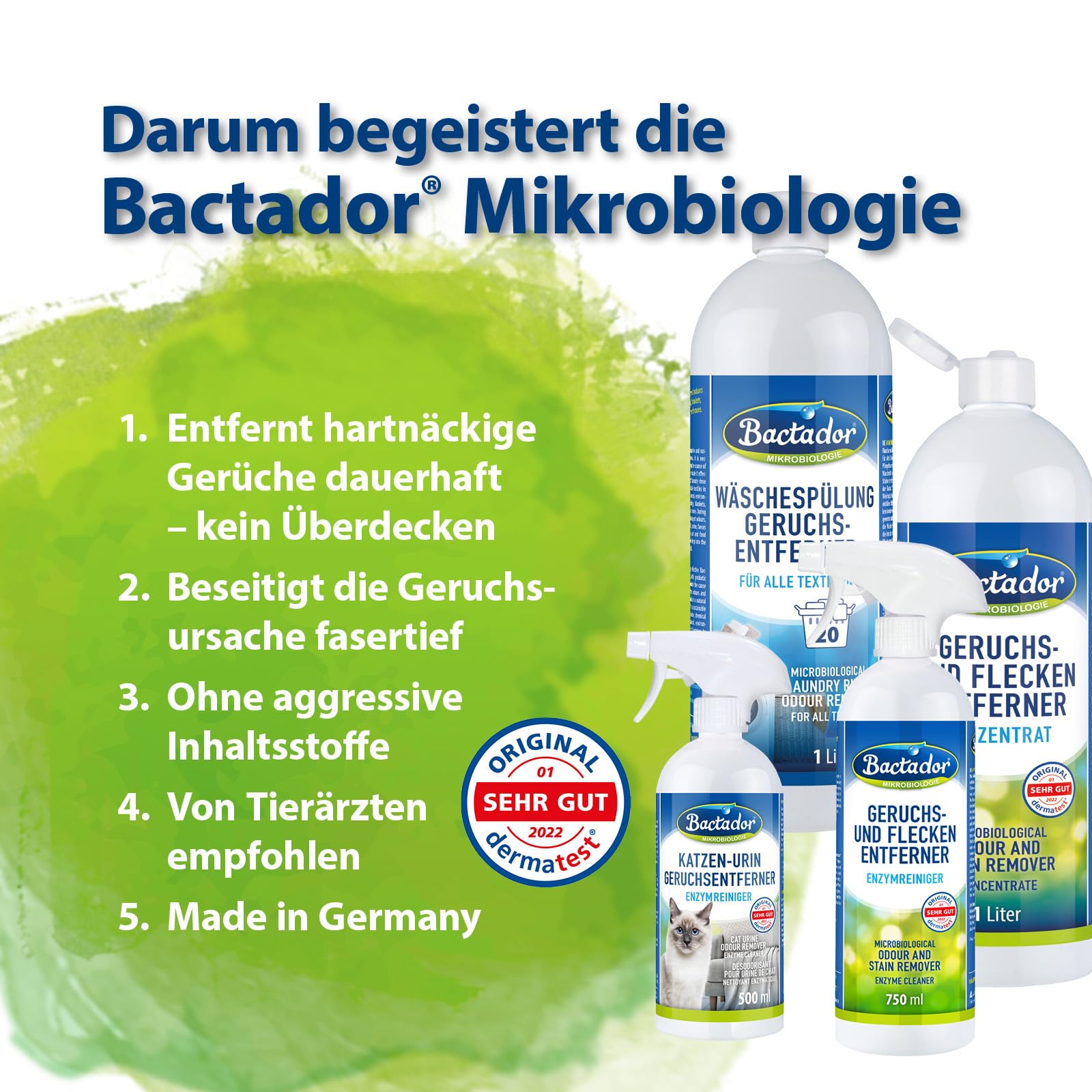 Bactador Enzymreiniger Konzentrat 1L - Geruchsentferner & Fleckenentferner - Mikrobiologischer Geruchsneutralisierer - Hundeurin / Katzenurin Entferner - Porentiefe Reinigung - Ergibt bis zu 50 Liter