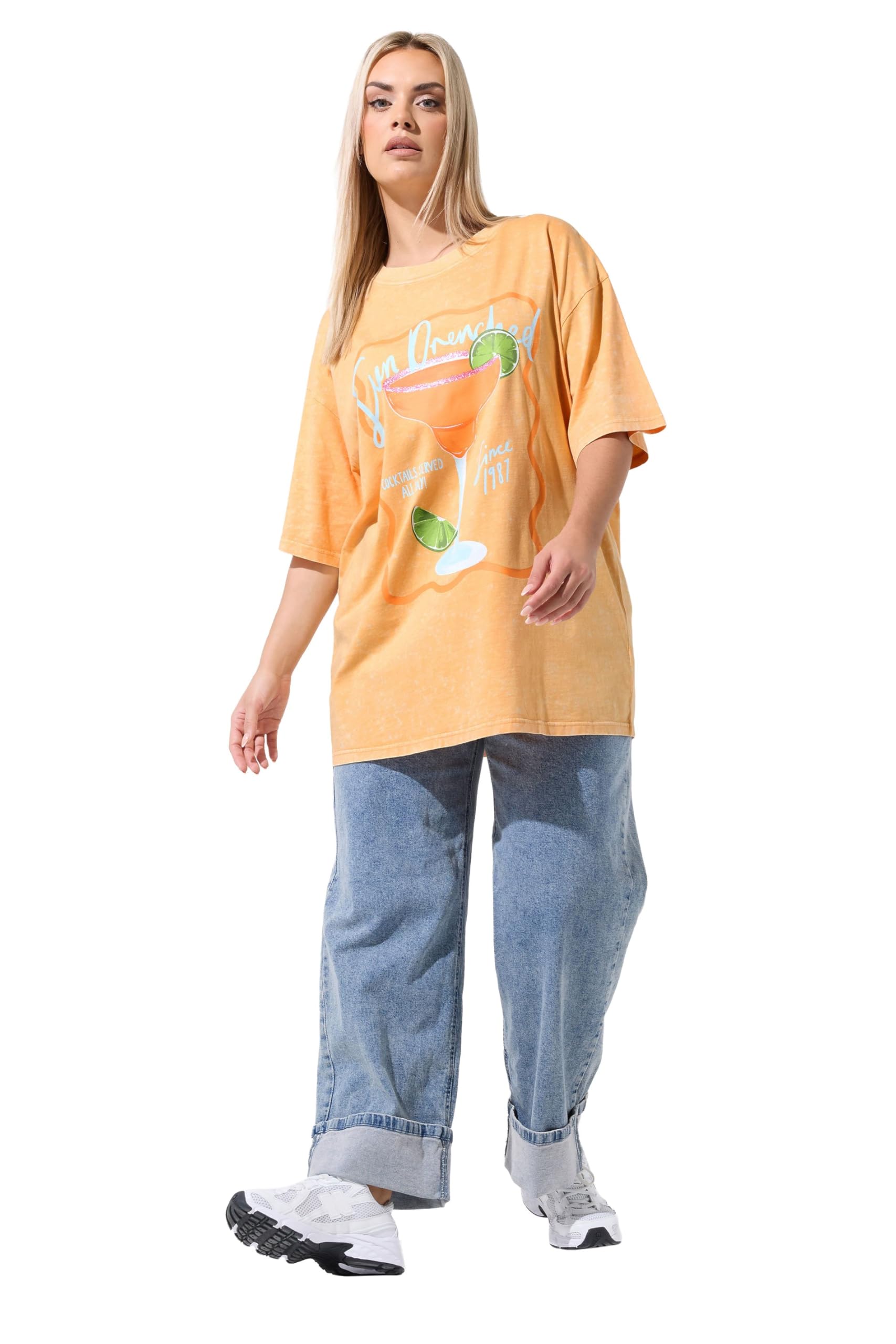 Yours Women's Orange Longline Graphic Acid Wash T-Shirt In | : 22/24