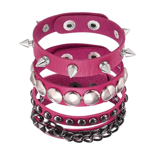 MECCANIXITY Rock Punk Studded Leather Bracelet Set, Goth Spiked Cuff PU Wristband Adjustable Bracelets Emo Grunge Accessories Halloween Party Favors